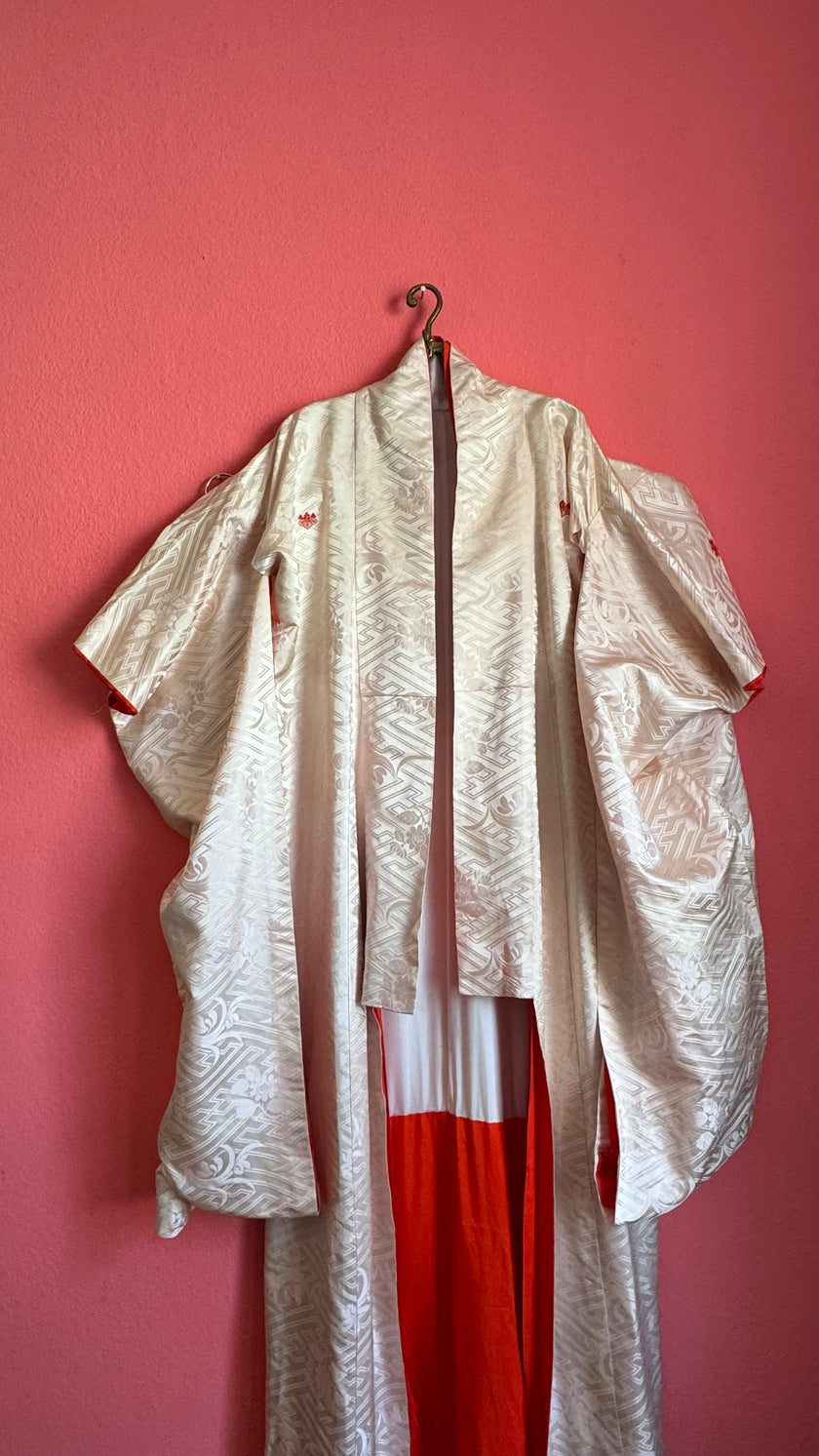 Vintage Mid-Century Ivory Jacquard Ceremonial Kimono With Red Lining