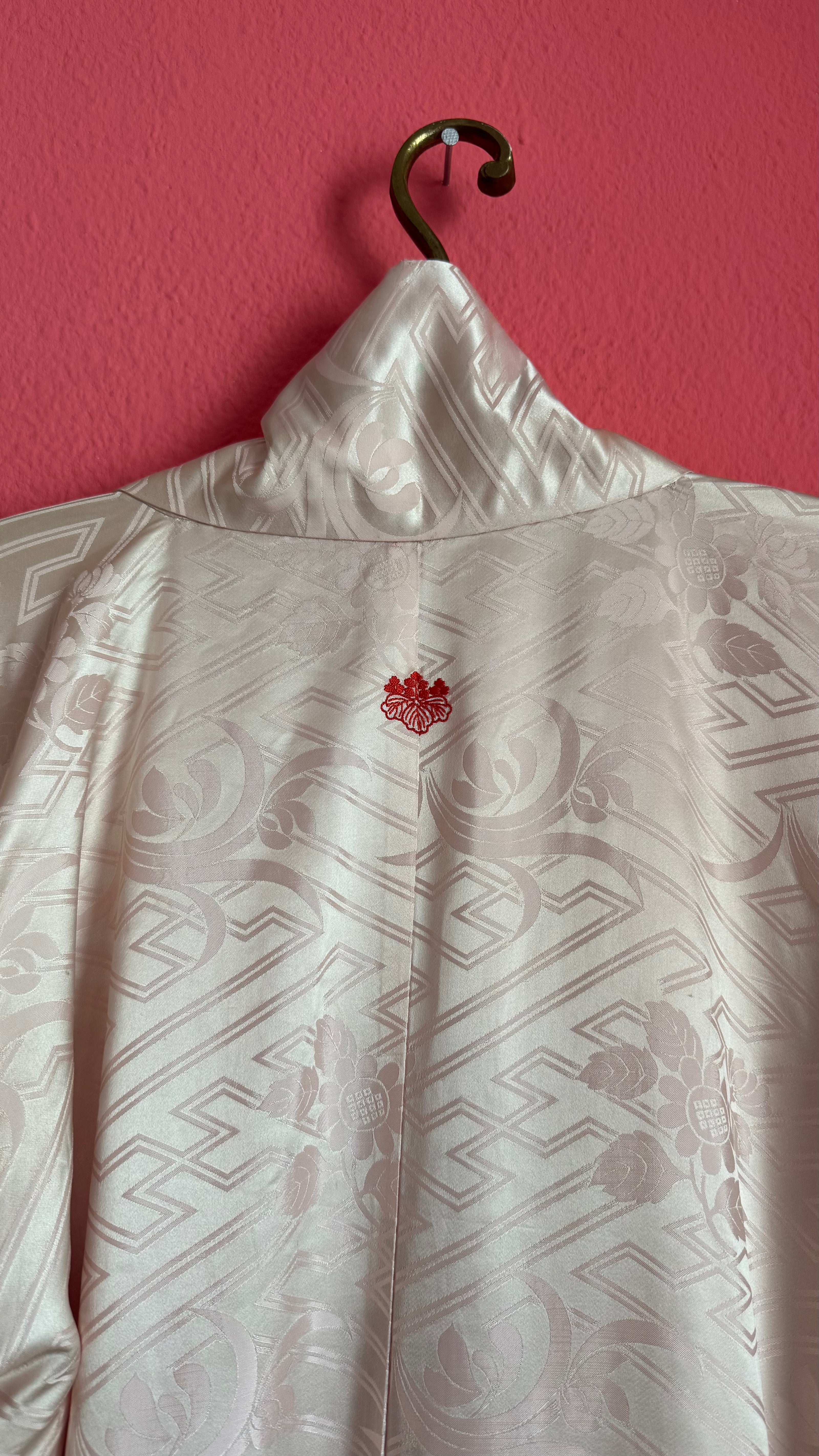 Vintage Mid-Century Ivory Jacquard Ceremonial Kimono With Red Lining