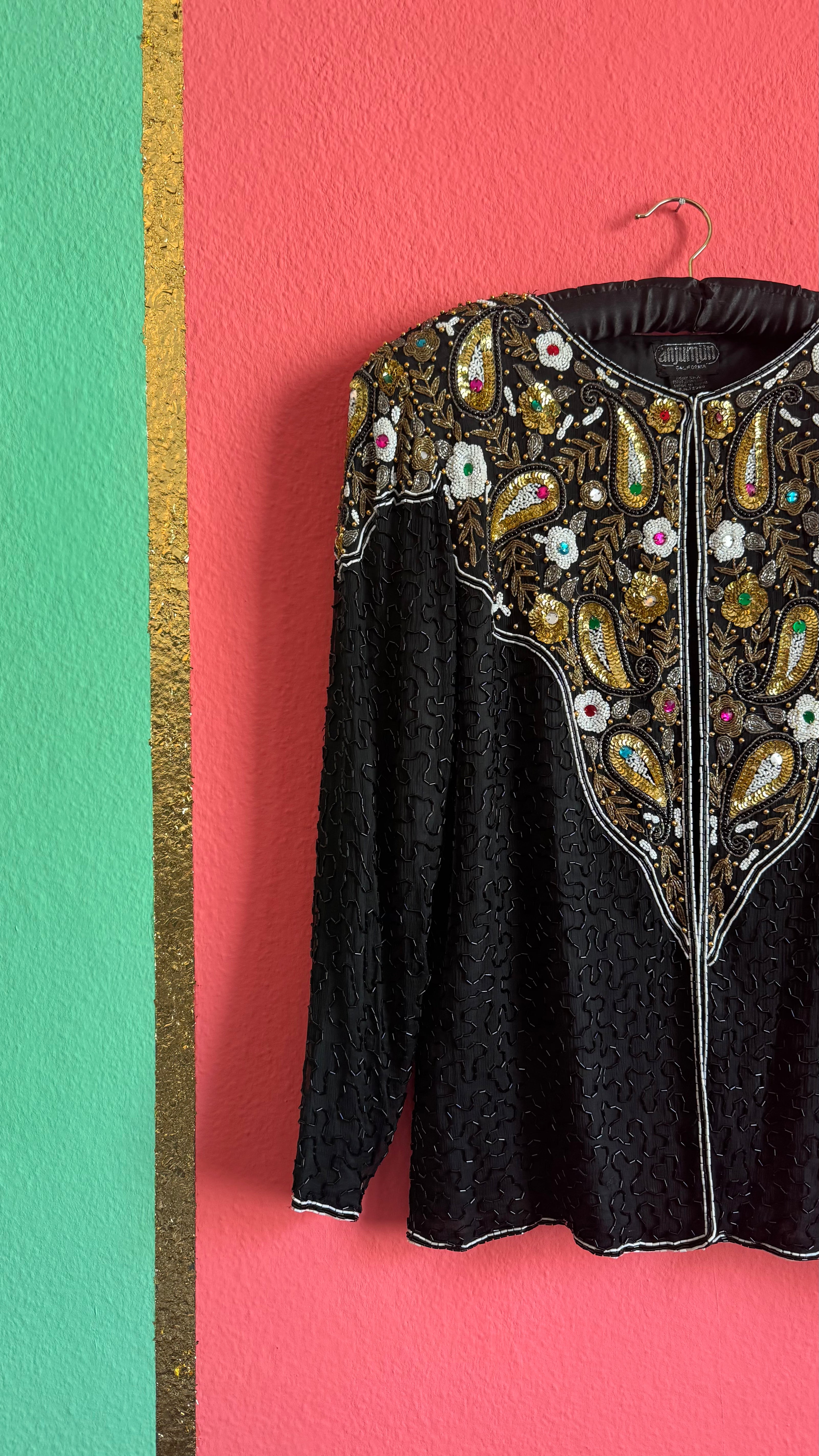 Vintage 1980s Black Silk Beaded Evening Jacket