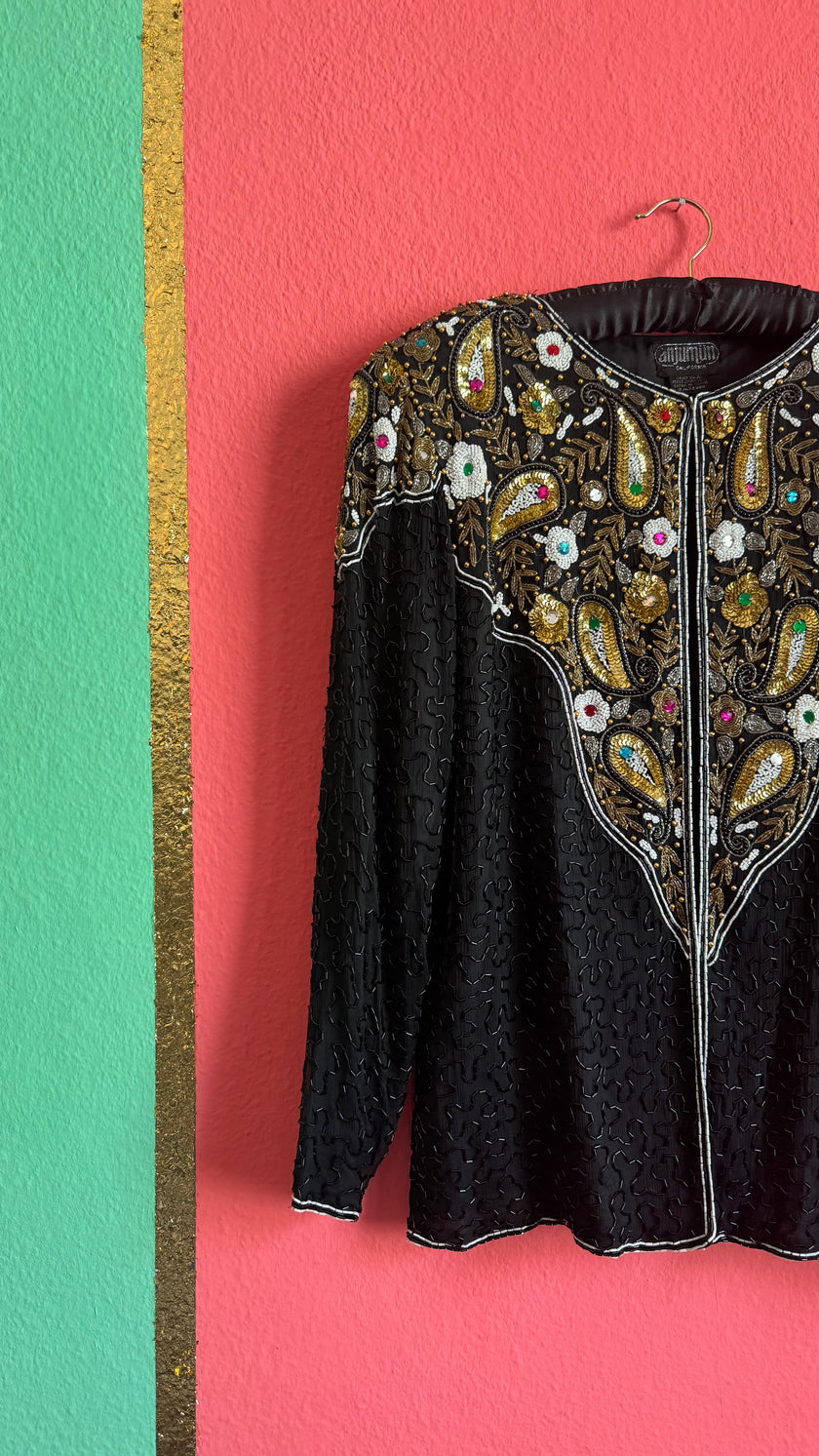 Vintage 1980s Black Silk Beaded Evening Jacket