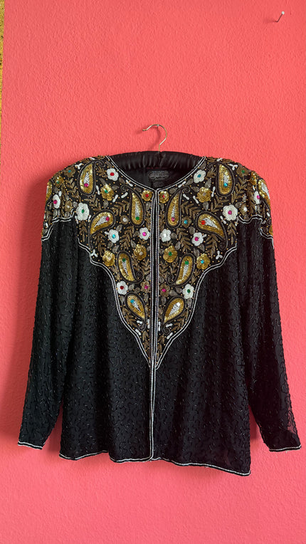 Vintage 1980s Black Silk Beaded Evening Jacket