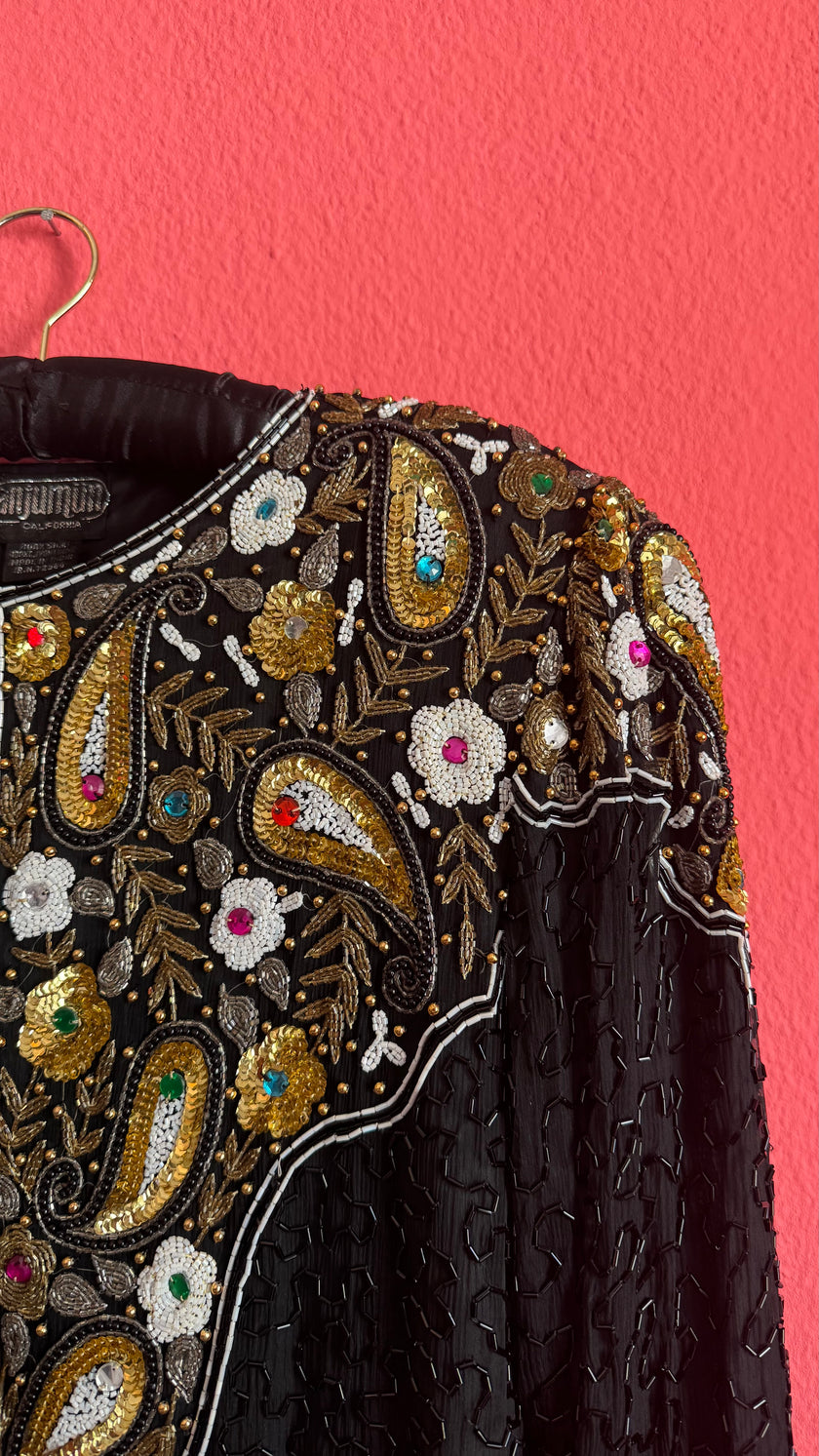 Vintage 1980s Black Silk Beaded Evening Jacket