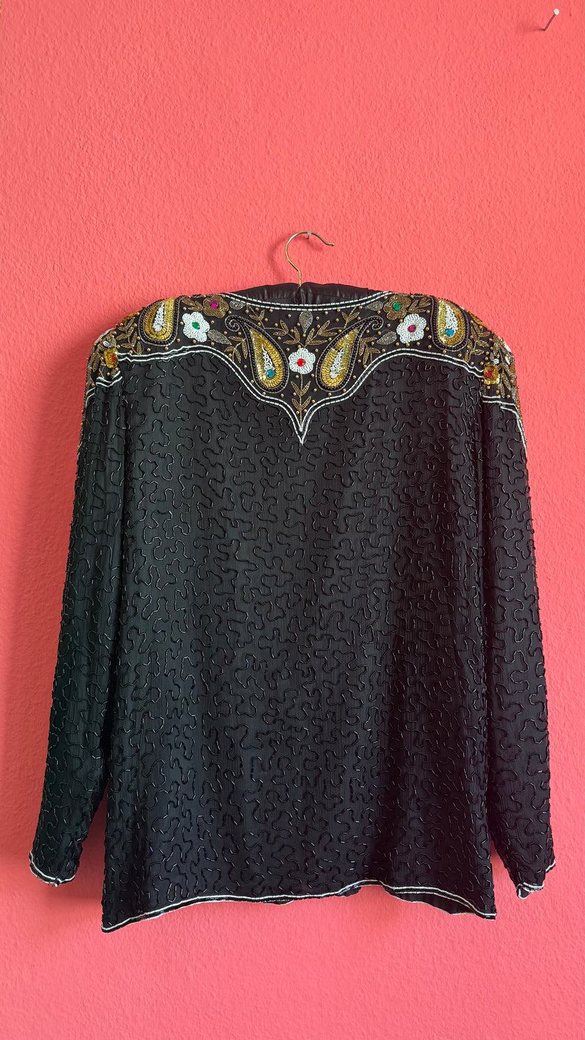 Vintage 1980s Black Silk Beaded Evening Jacket