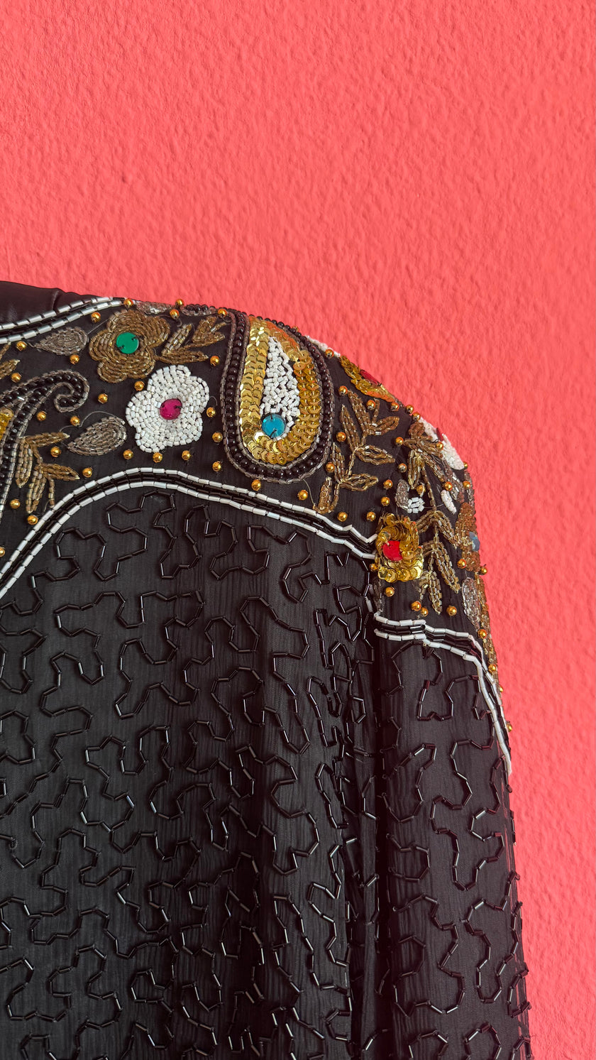 Vintage 1980s Black Silk Beaded Evening Jacket