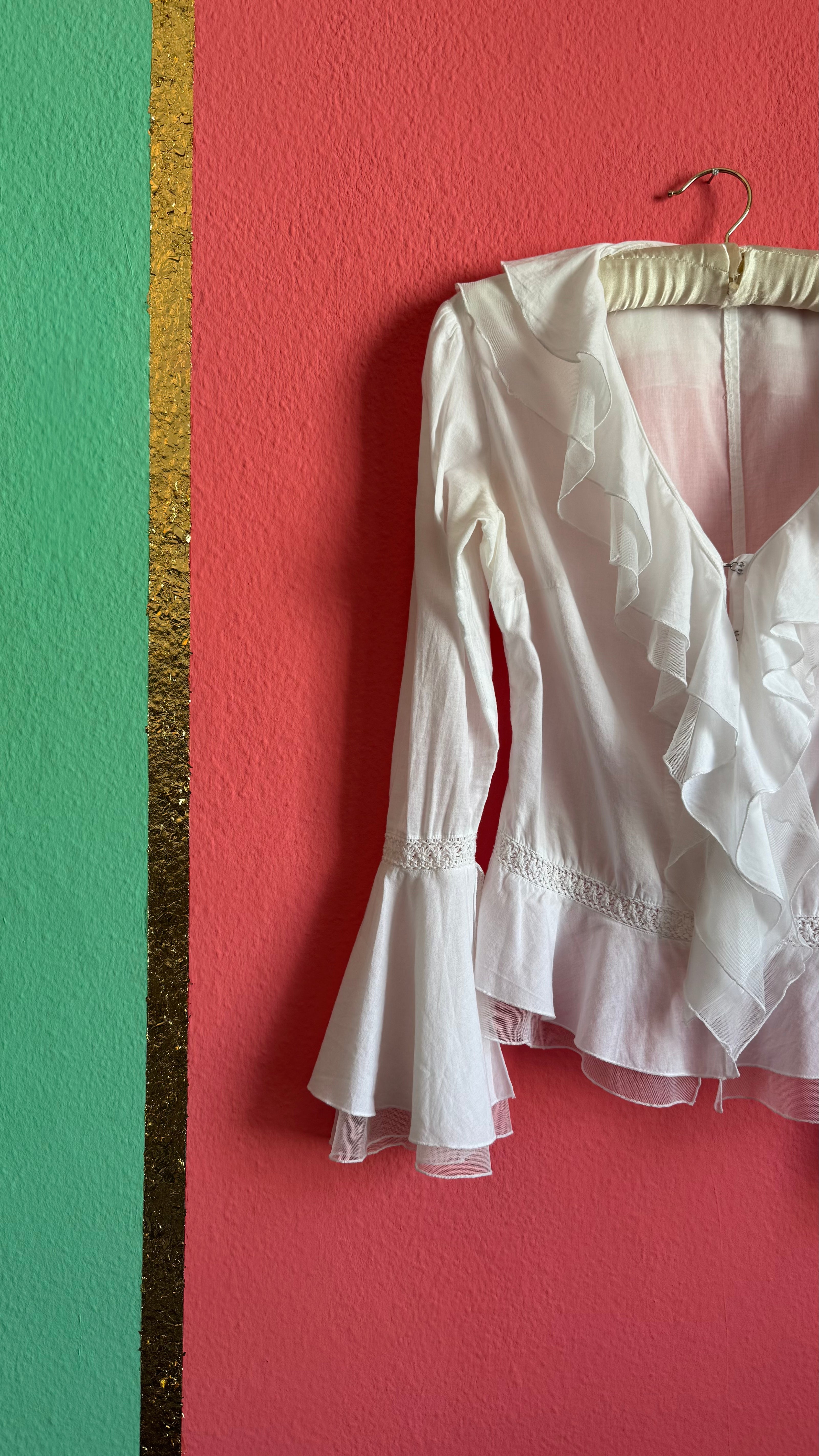 Vintage 1970s White Cotton Ruffle Blouse With Crochet Insets