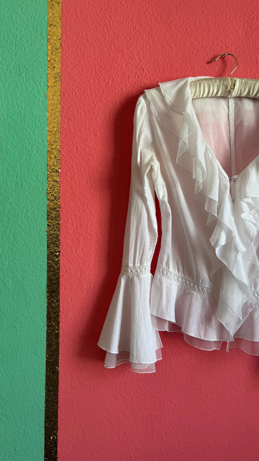 Vintage 1970s White Cotton Ruffle Blouse With Crochet Insets
