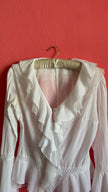 Vintage 1970s White Cotton Ruffle Blouse With Crochet Insets