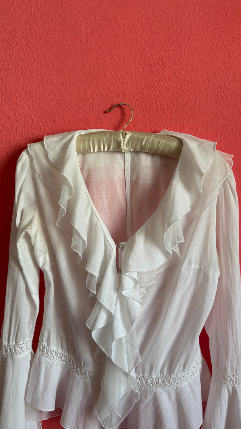 Vintage 1970s White Cotton Ruffle Blouse With Crochet Insets