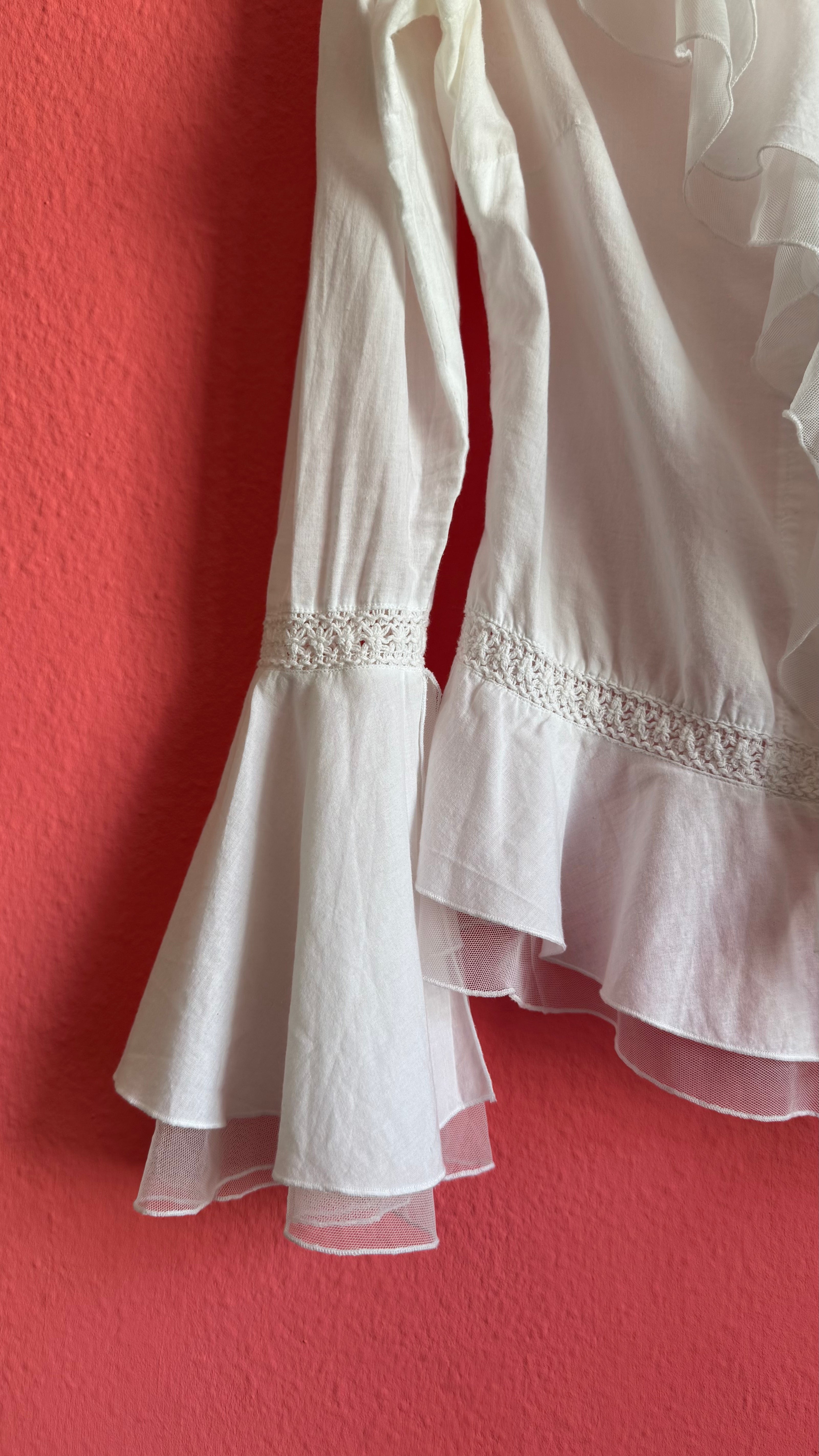 Vintage 1970s White Cotton Ruffle Blouse With Crochet Insets