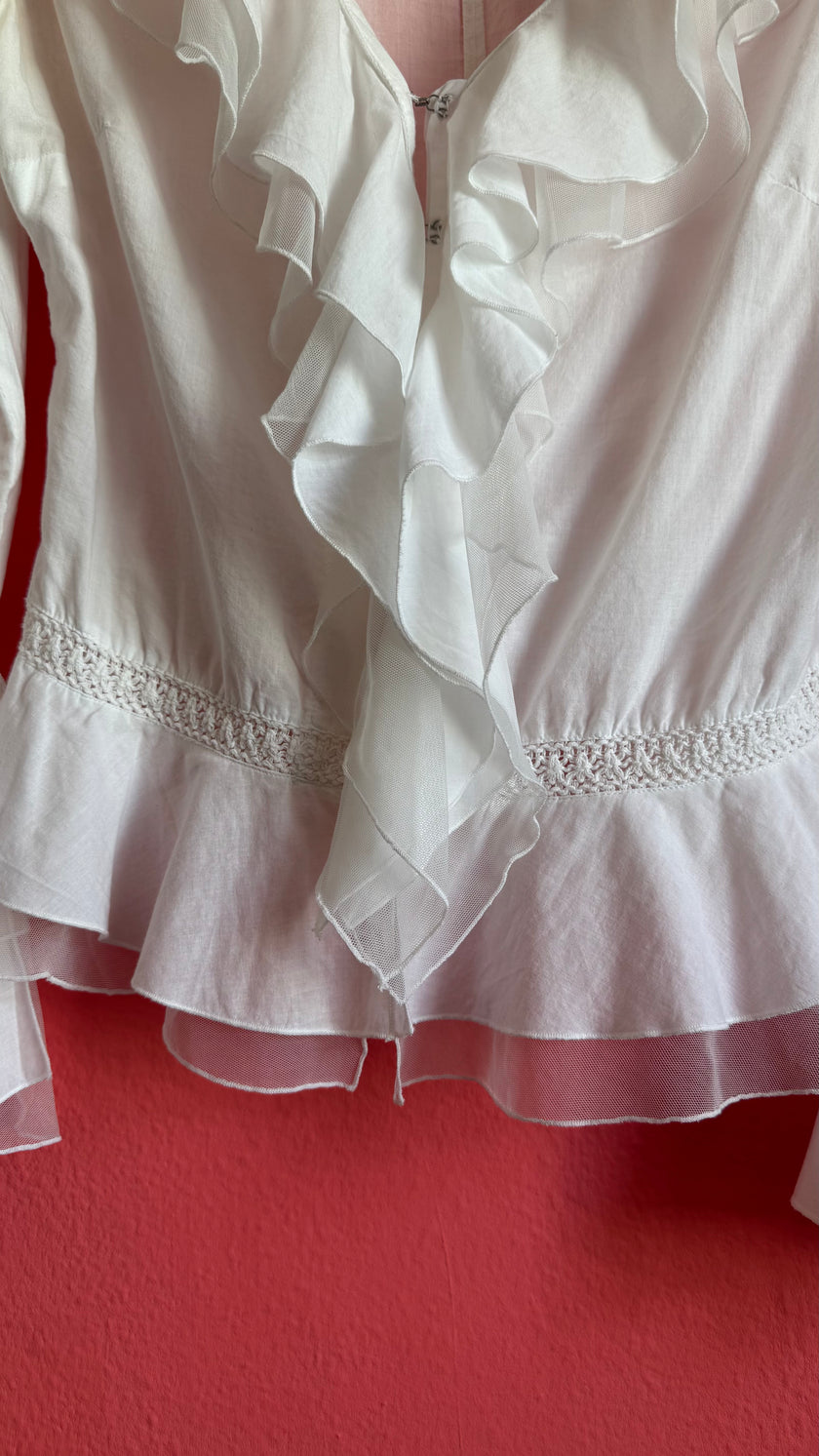 Vintage 1970s White Cotton Ruffle Blouse With Crochet Insets