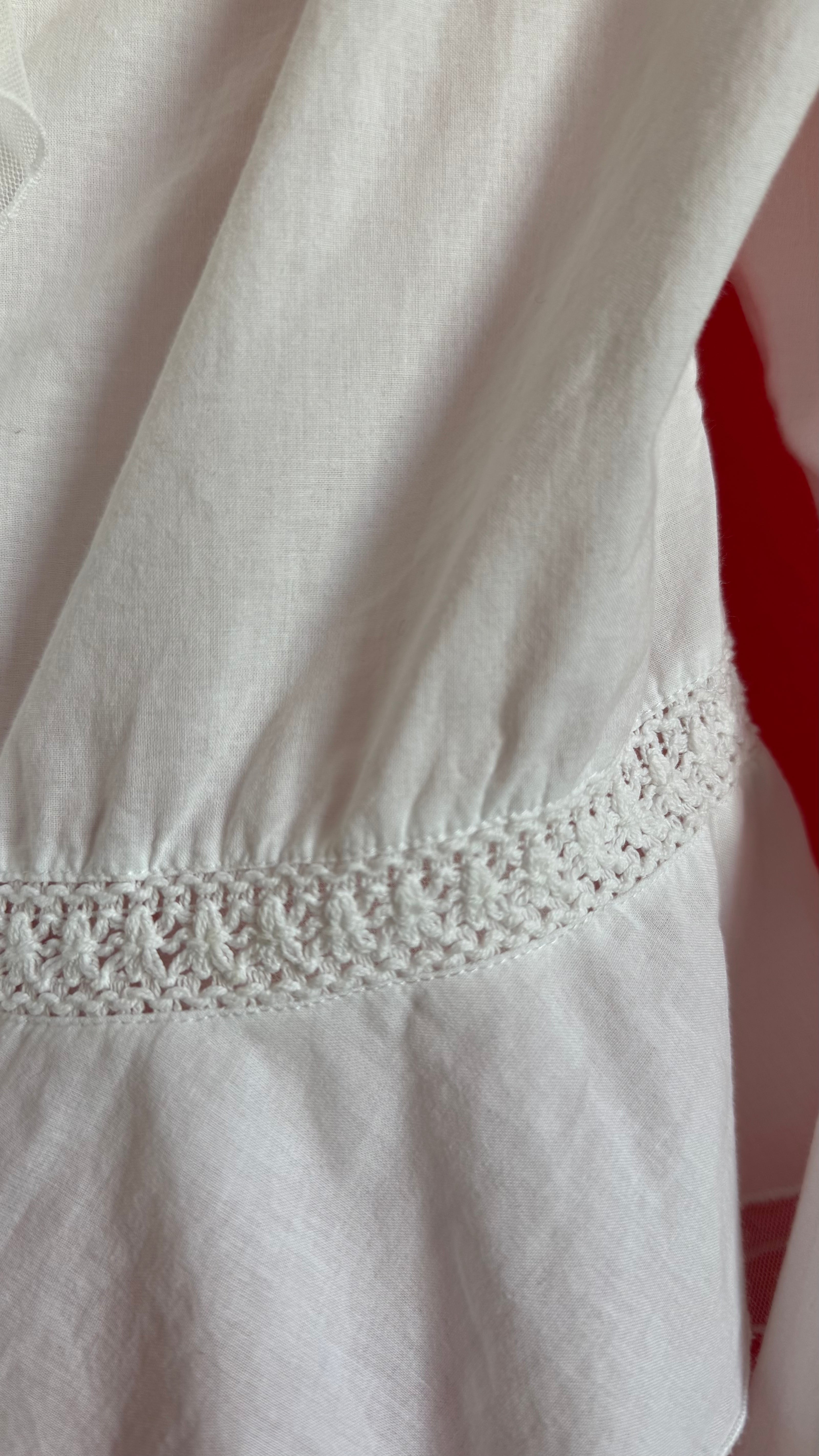 Vintage 1970s White Cotton Ruffle Blouse With Crochet Insets