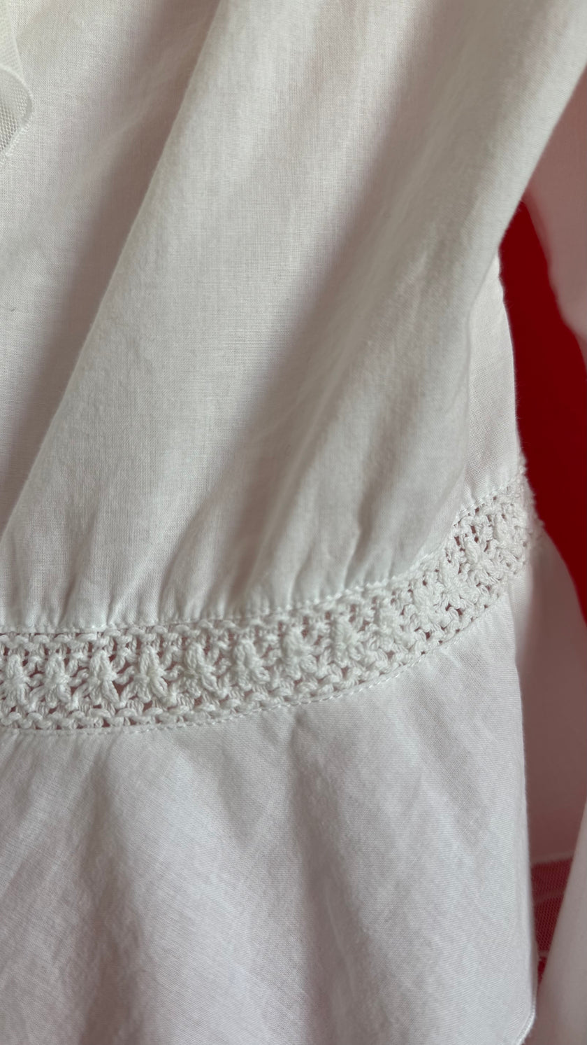 Vintage 1970s White Cotton Ruffle Blouse With Crochet Insets