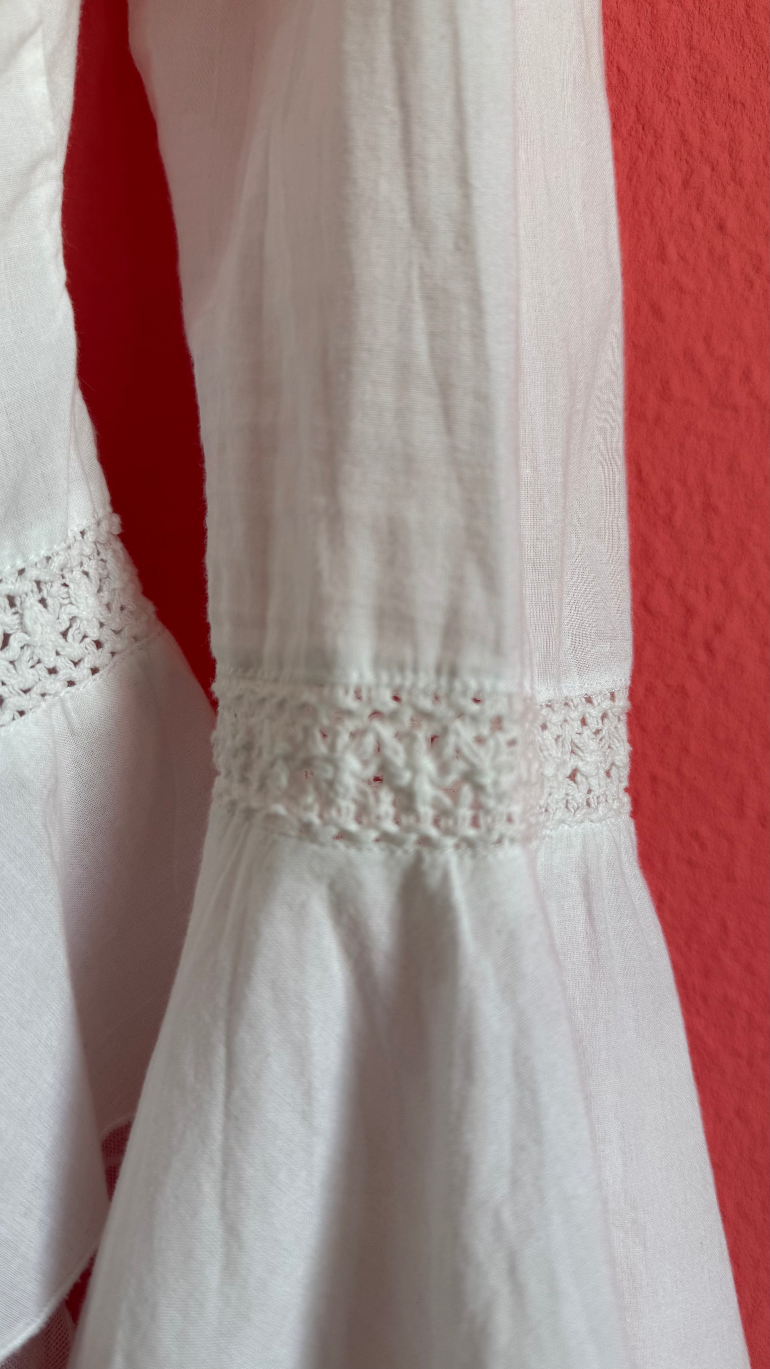 Vintage 1970s White Cotton Ruffle Blouse With Crochet Insets