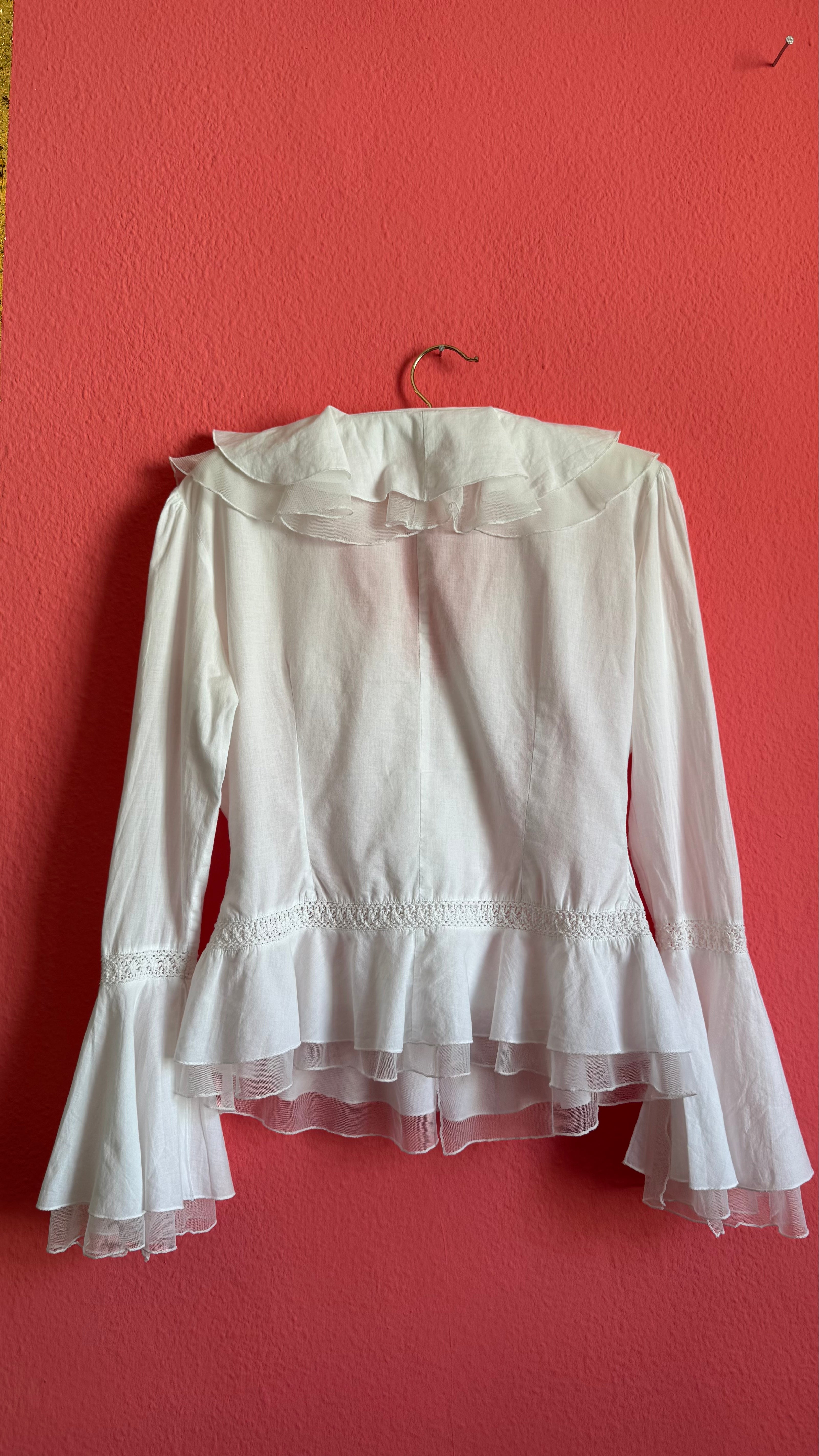 Vintage 1970s White Cotton Ruffle Blouse With Crochet Insets