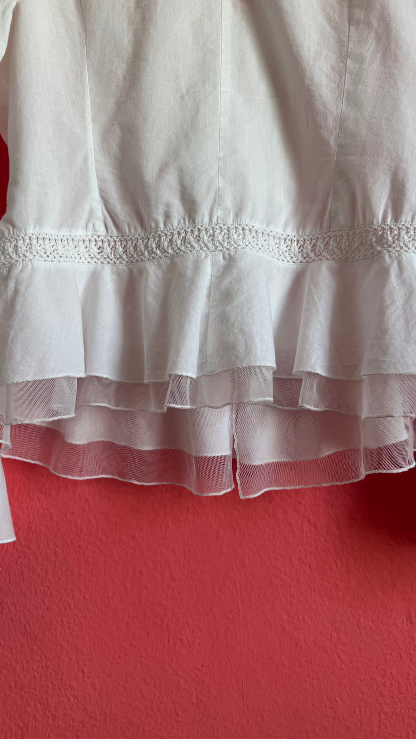 Vintage 1970s White Cotton Ruffle Blouse With Crochet Insets