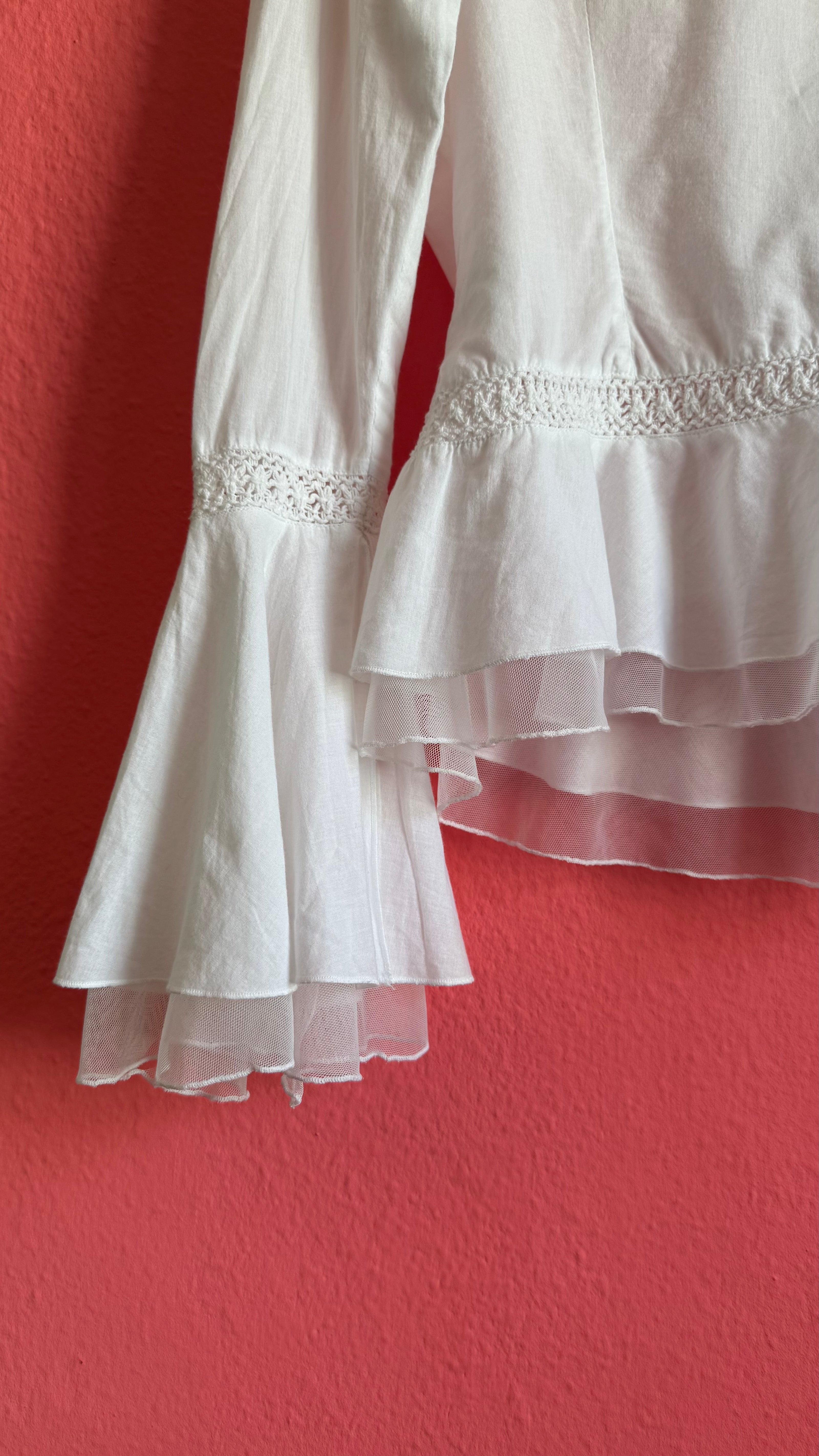 Vintage 1970s White Cotton Ruffle Blouse With Crochet Insets