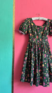 Vintage 1970s Green Folk Print Puff Sleeve Dress