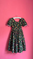 Vintage 1970s Green Folk Print Puff Sleeve Dress