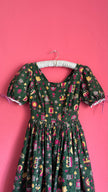 Vintage 1970s Green Folk Print Puff Sleeve Dress