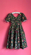 Vintage 1970s Green Folk Print Puff Sleeve Dress