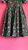 Vintage 1970s Green Folk Print Puff Sleeve Dress