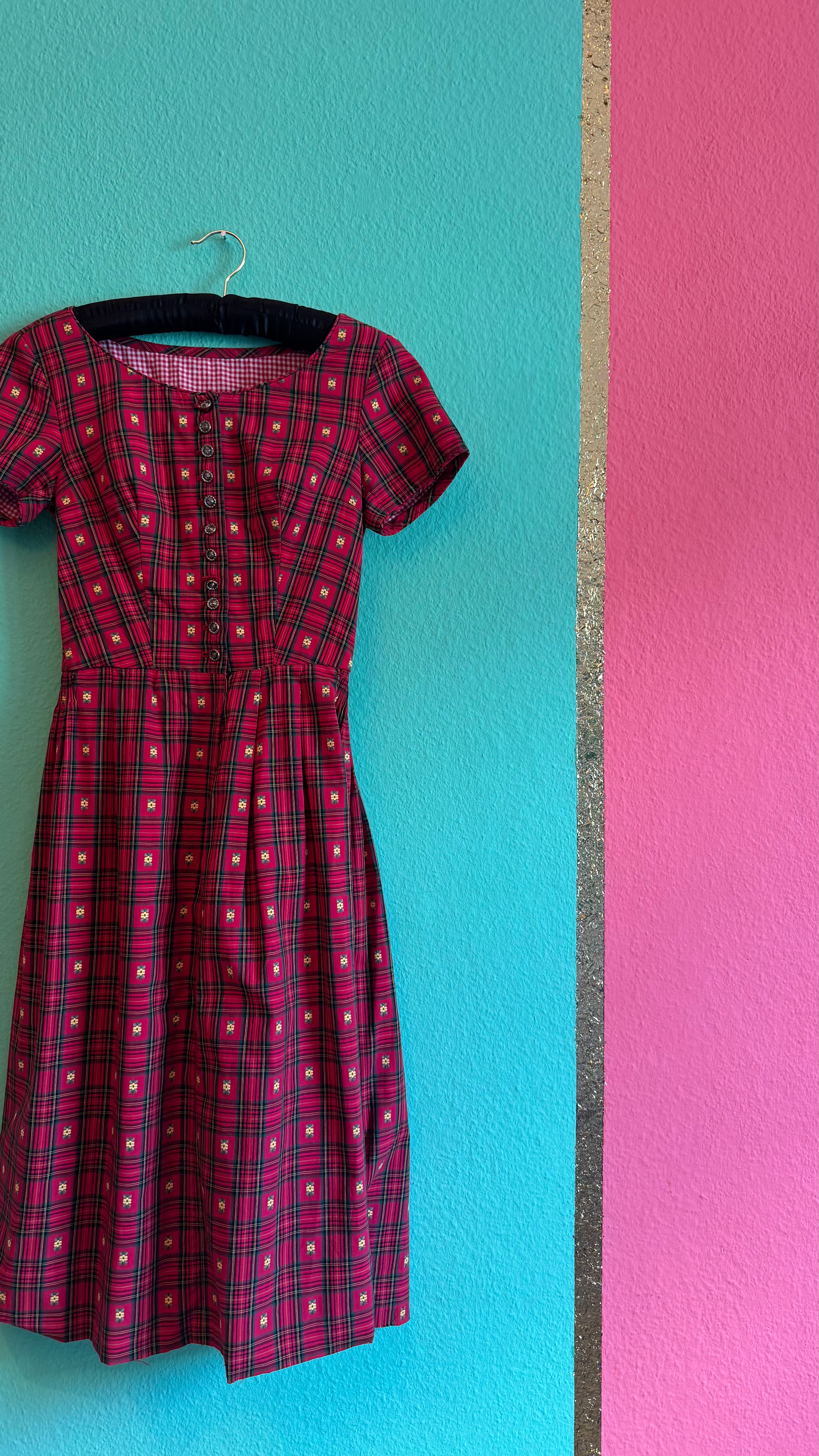 Vintage 1970s Red Tartan Floral Day Dress