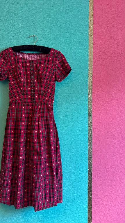 Vintage 1970s Red Tartan Floral Day Dress