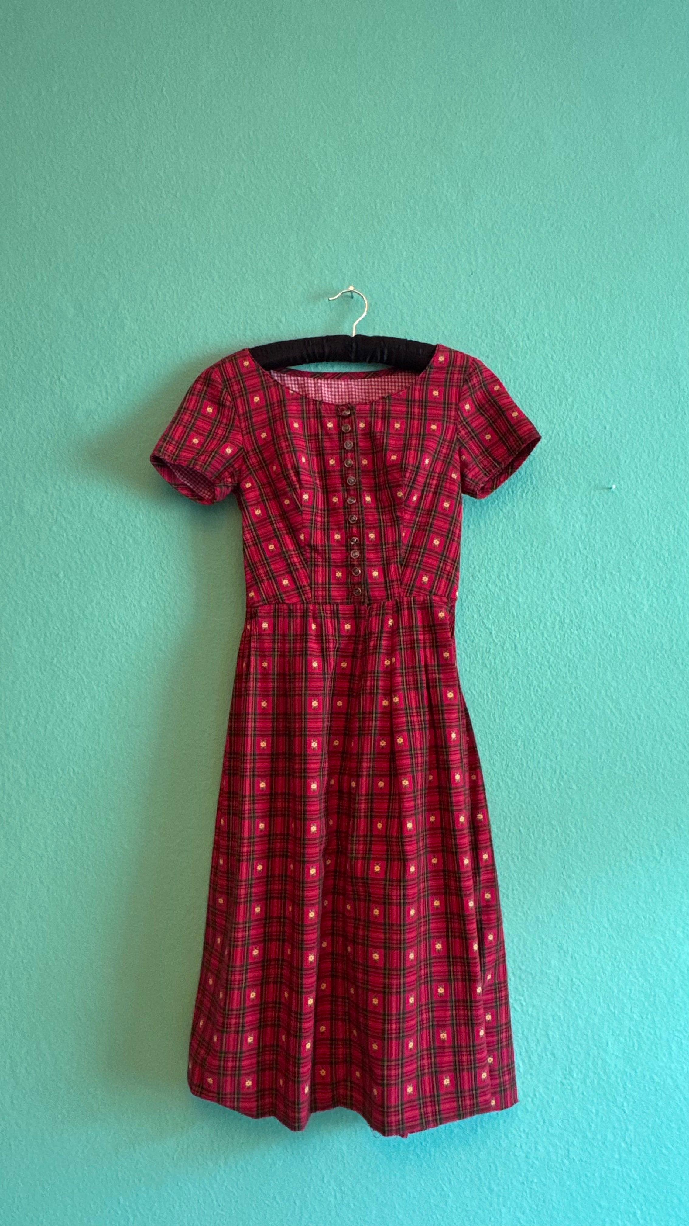 Vintage 1970s Red Tartan Floral Day Dress