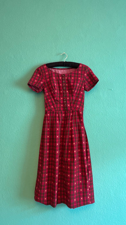 Vintage 1970s Red Tartan Floral Day Dress