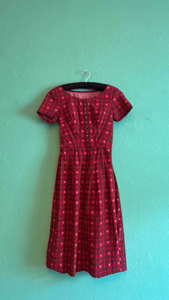 Vintage 1970s Red Tartan Floral Day Dress