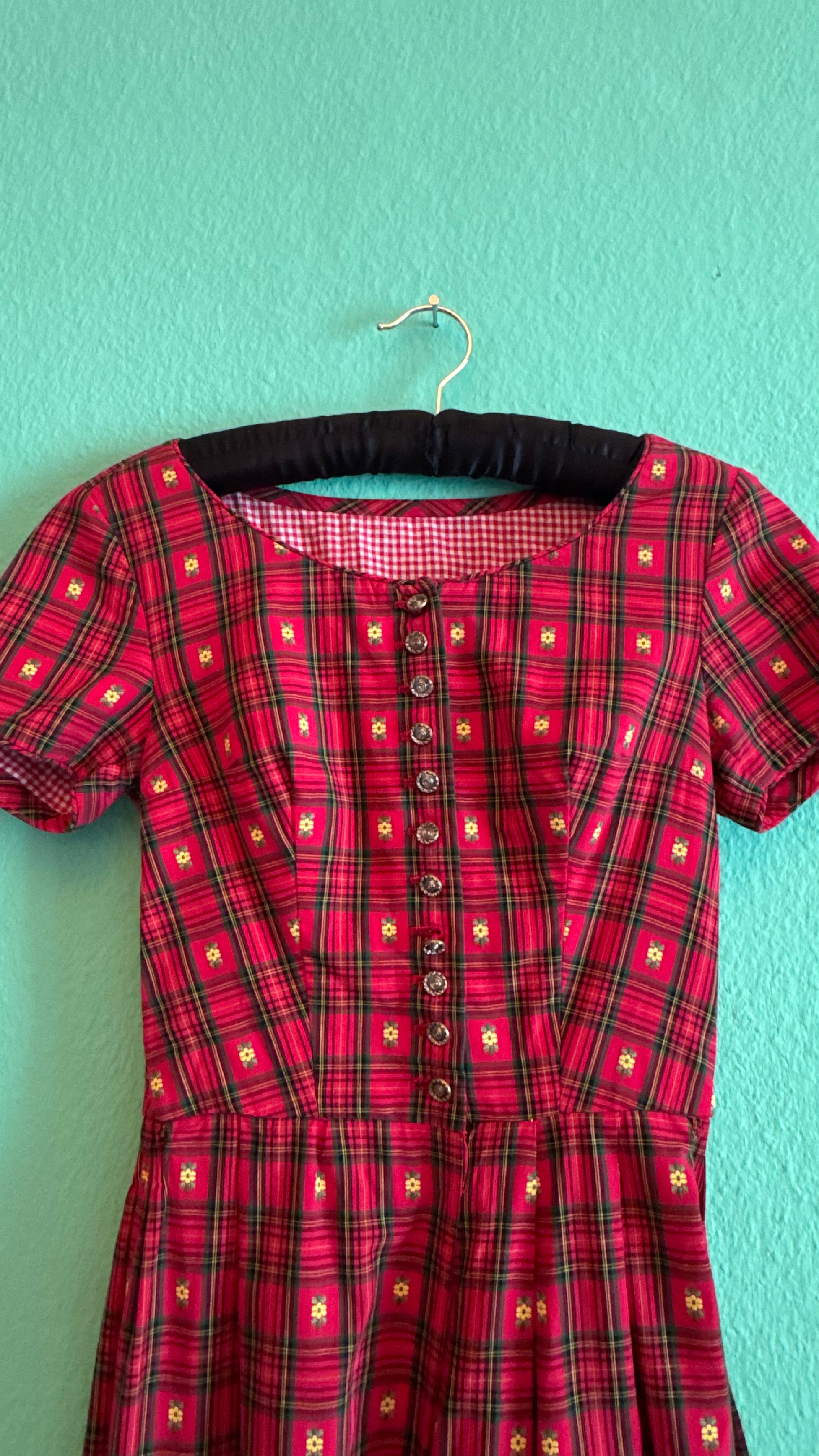 Vintage 1970s Red Tartan Floral Day Dress
