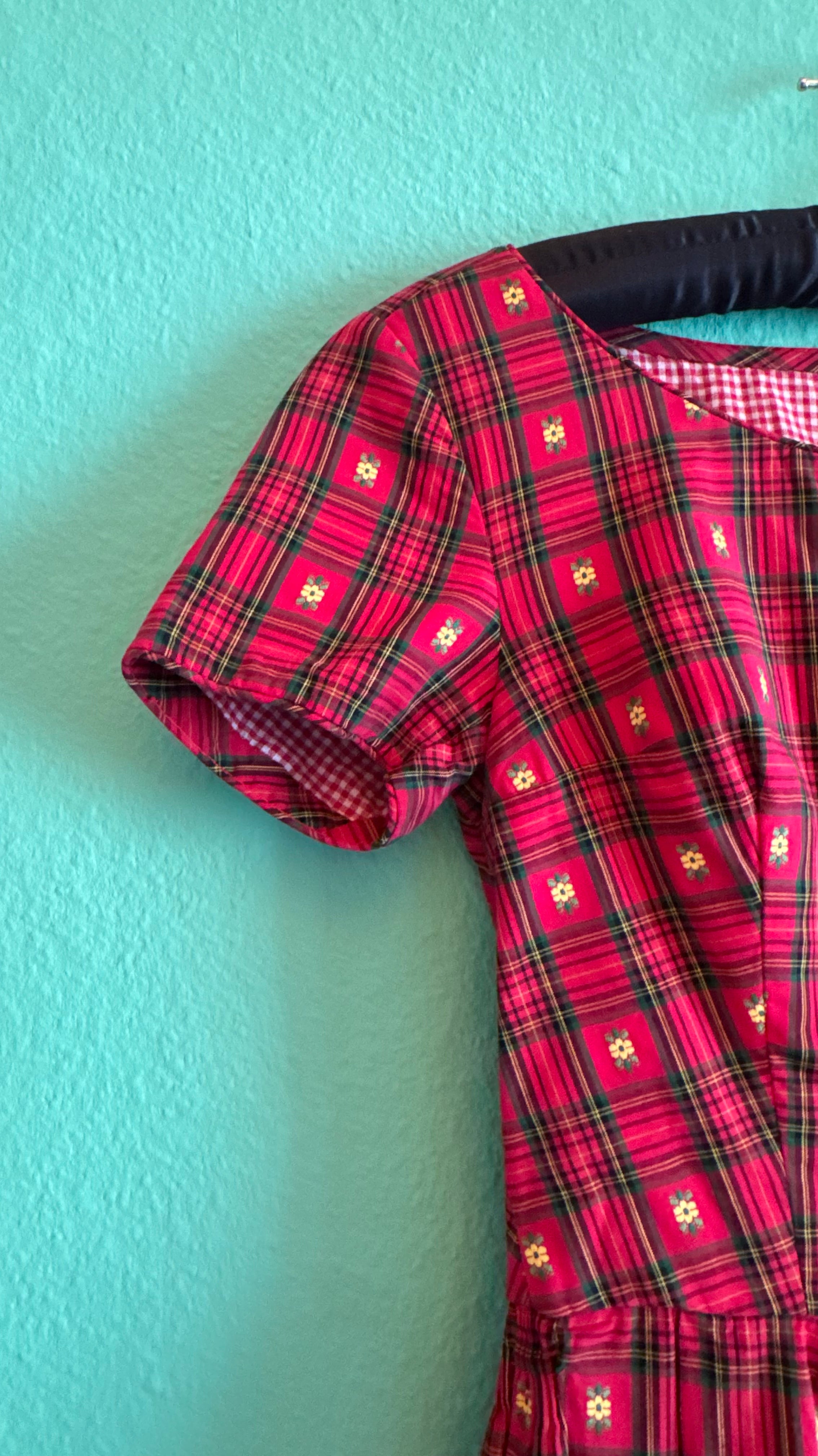 Vintage 1970s Red Tartan Floral Day Dress