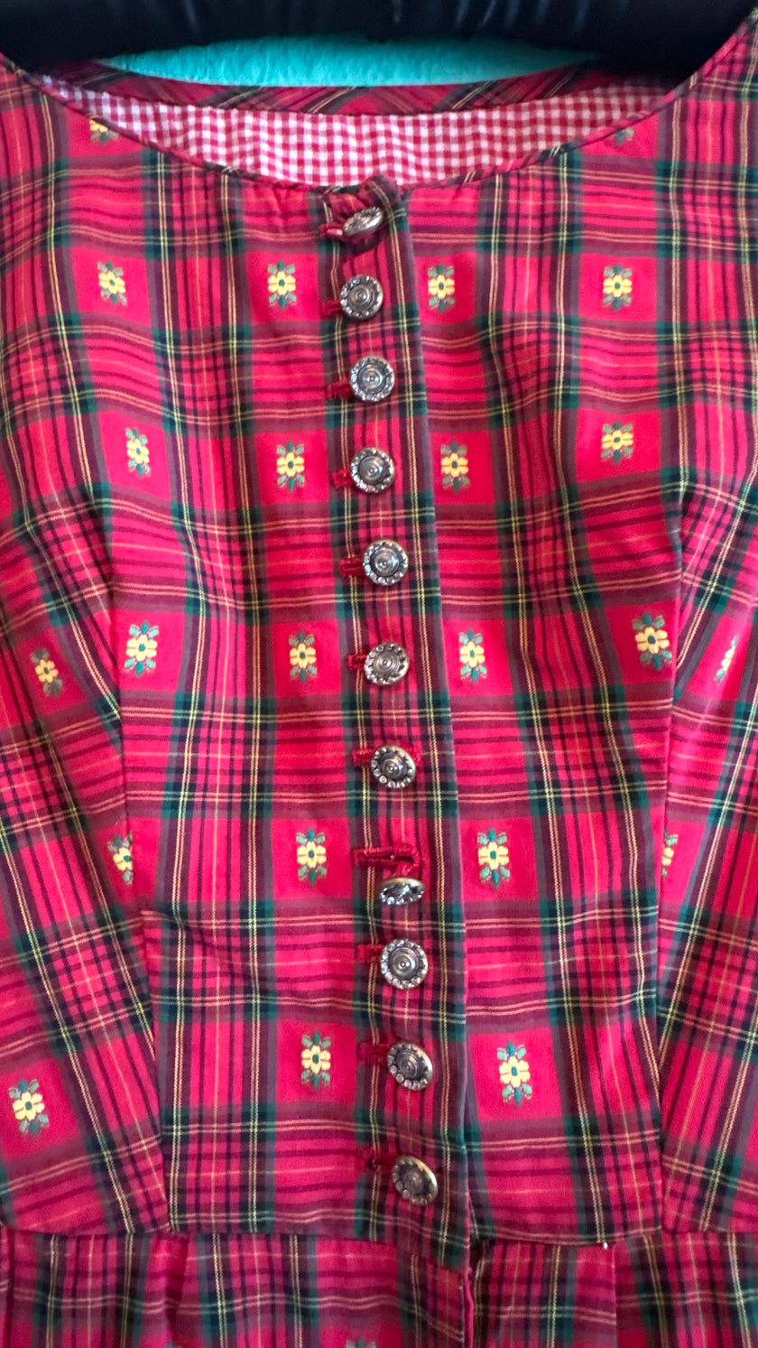 Vintage 1970s Red Tartan Floral Day Dress