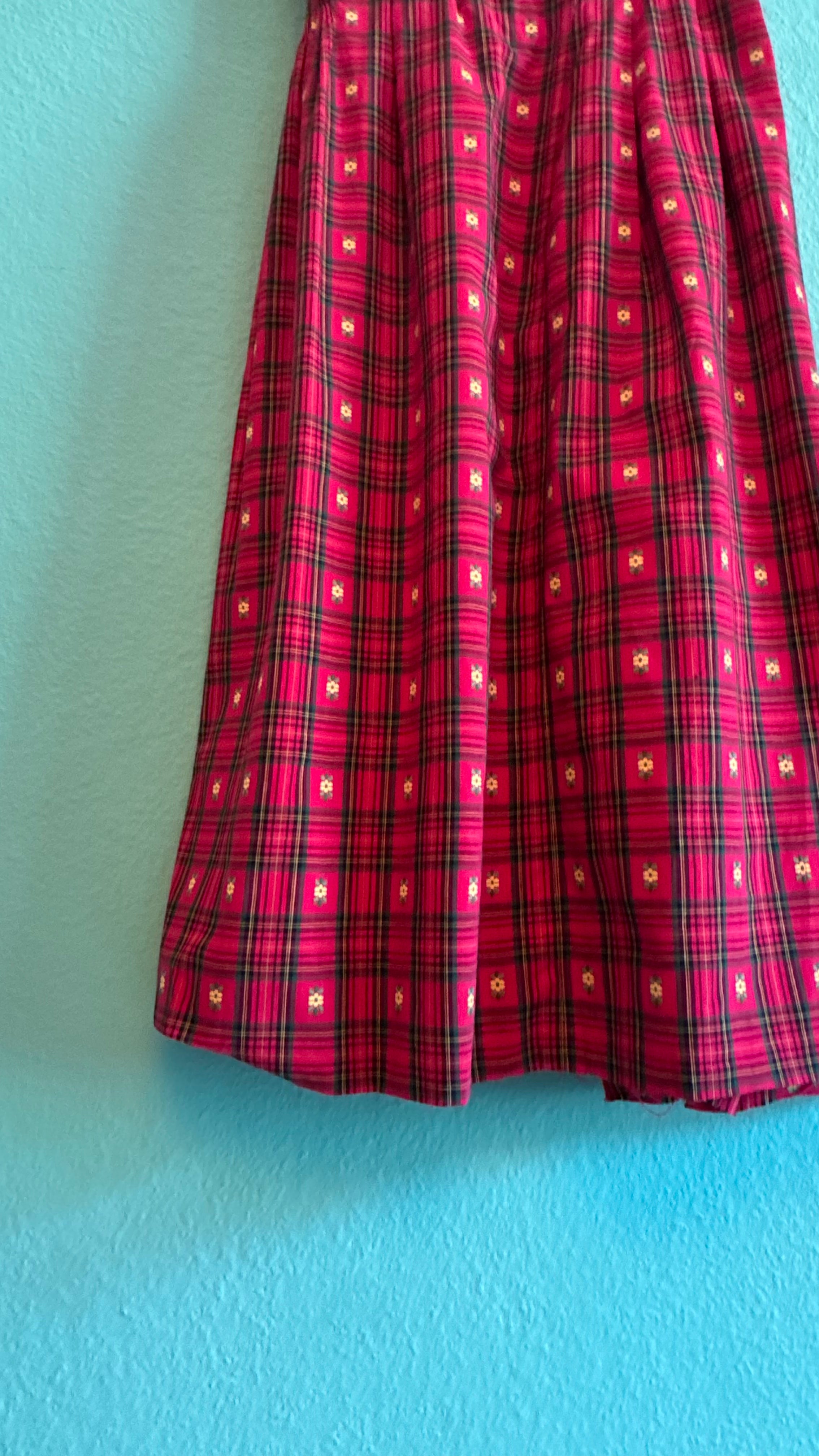 Vintage 1970s Red Tartan Floral Day Dress