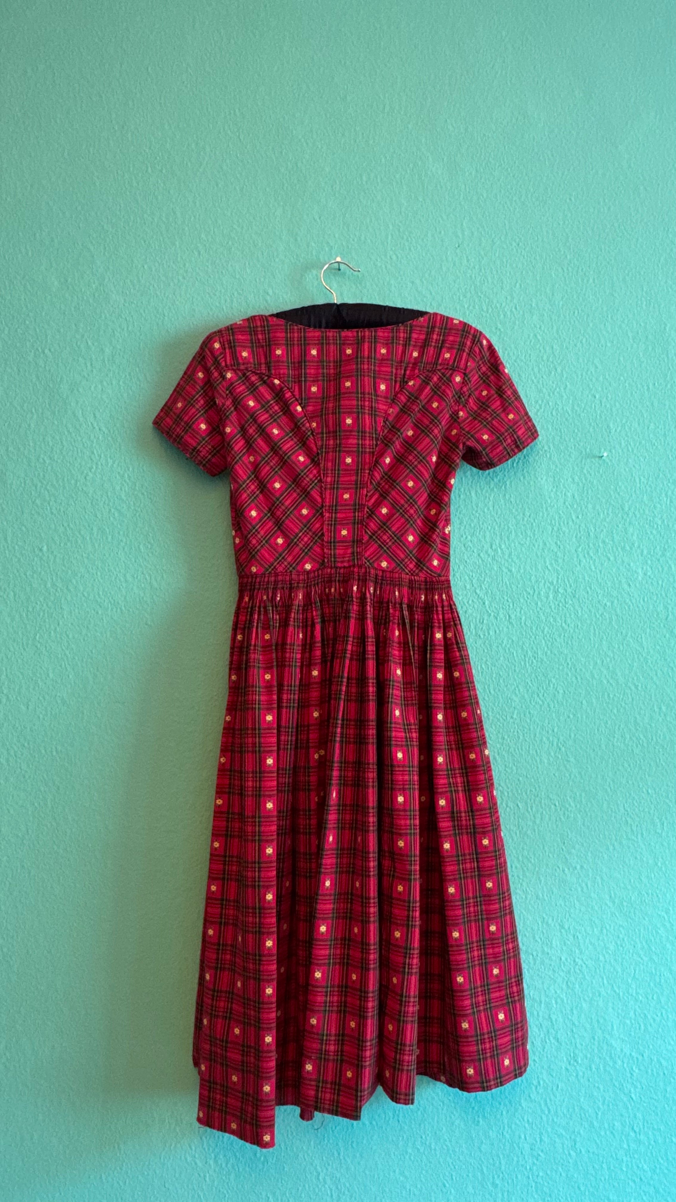 Vintage 1970s Red Tartan Floral Day Dress