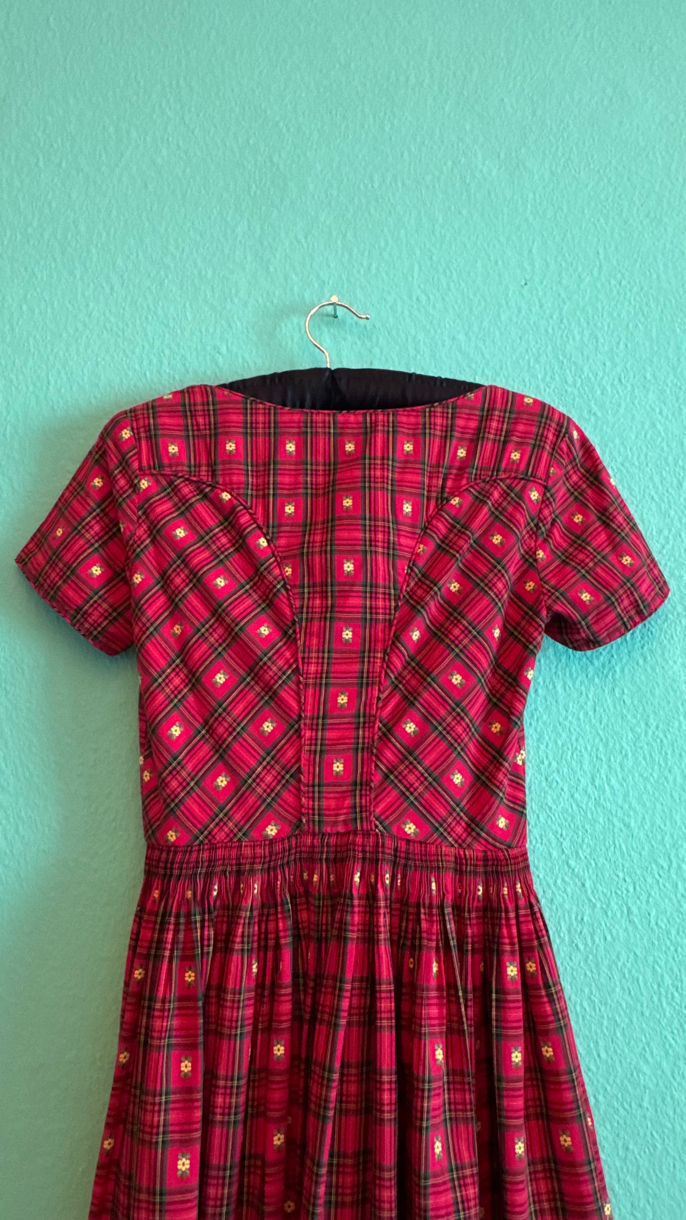 Vintage 1970s Red Tartan Floral Day Dress