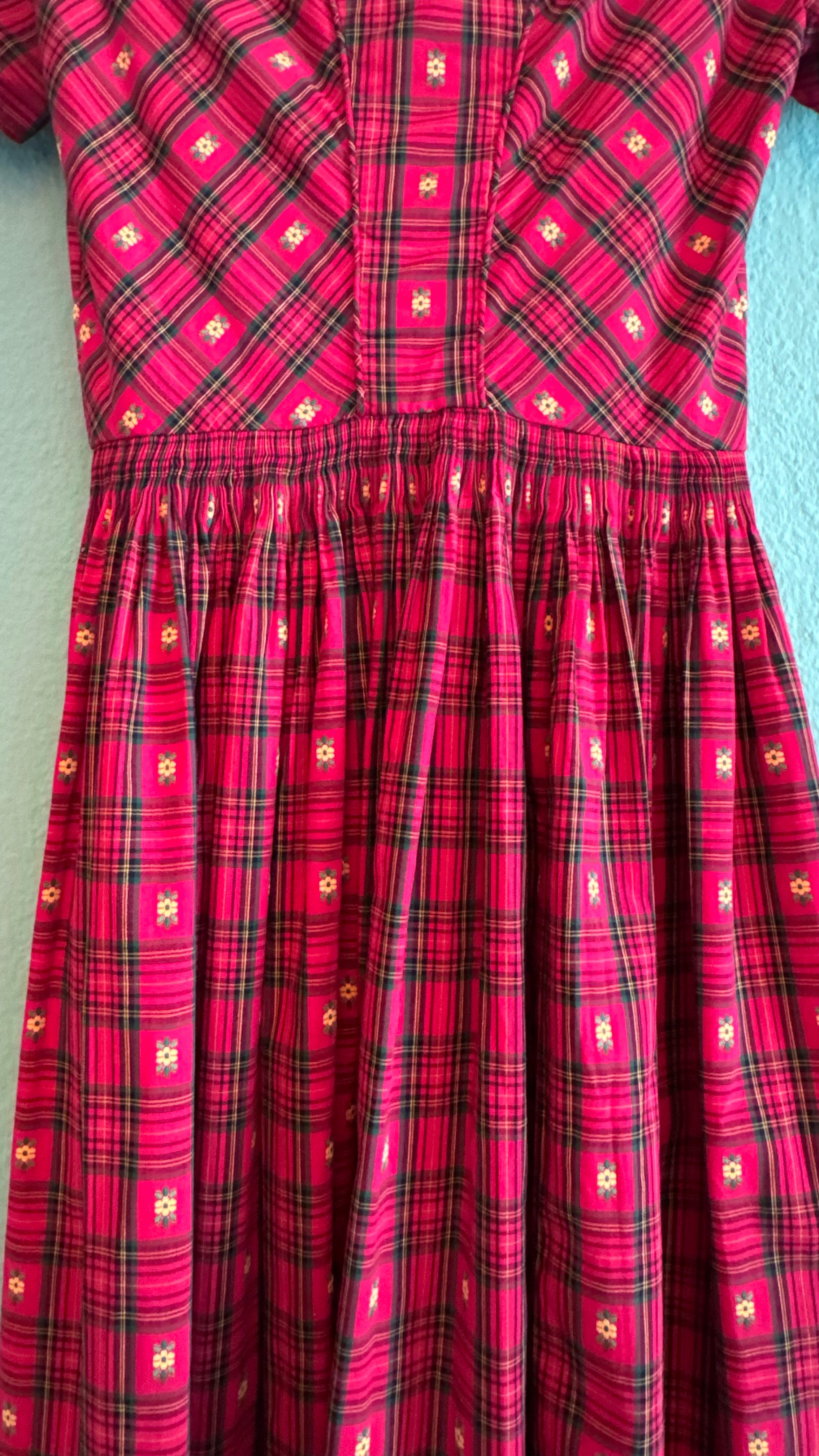 Vintage 1970s Red Tartan Floral Day Dress