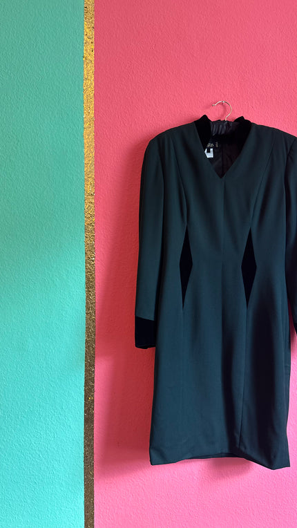Vintage 1990s Escada Dark Green Virgin Wool Dress With Velvet Panels
