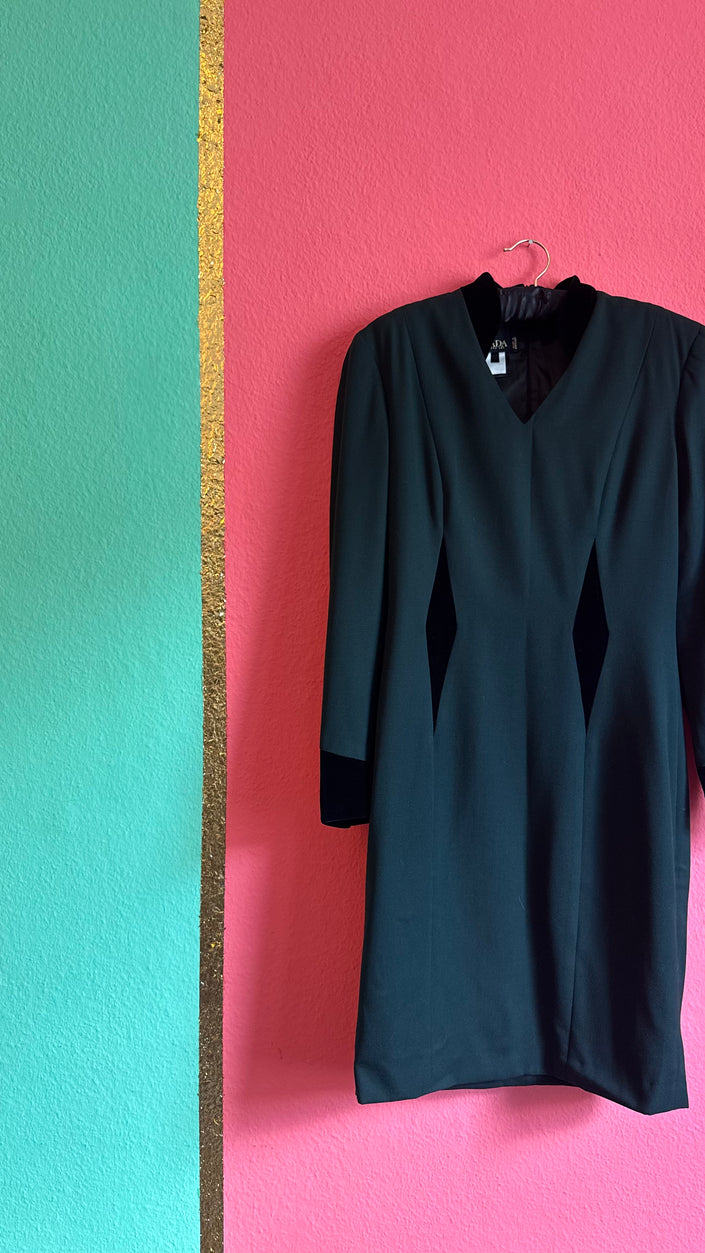 Vintage 1990s Escada Dark Green Virgin Wool Dress With Velvet Panels