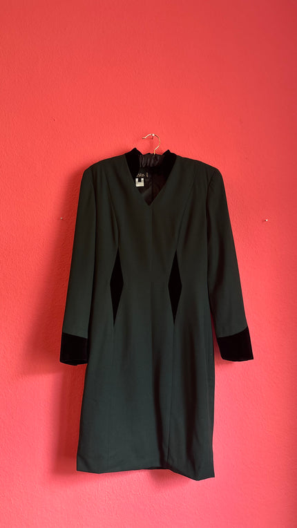 Vintage 1990s Escada Dark Green Virgin Wool Dress With Velvet Panels