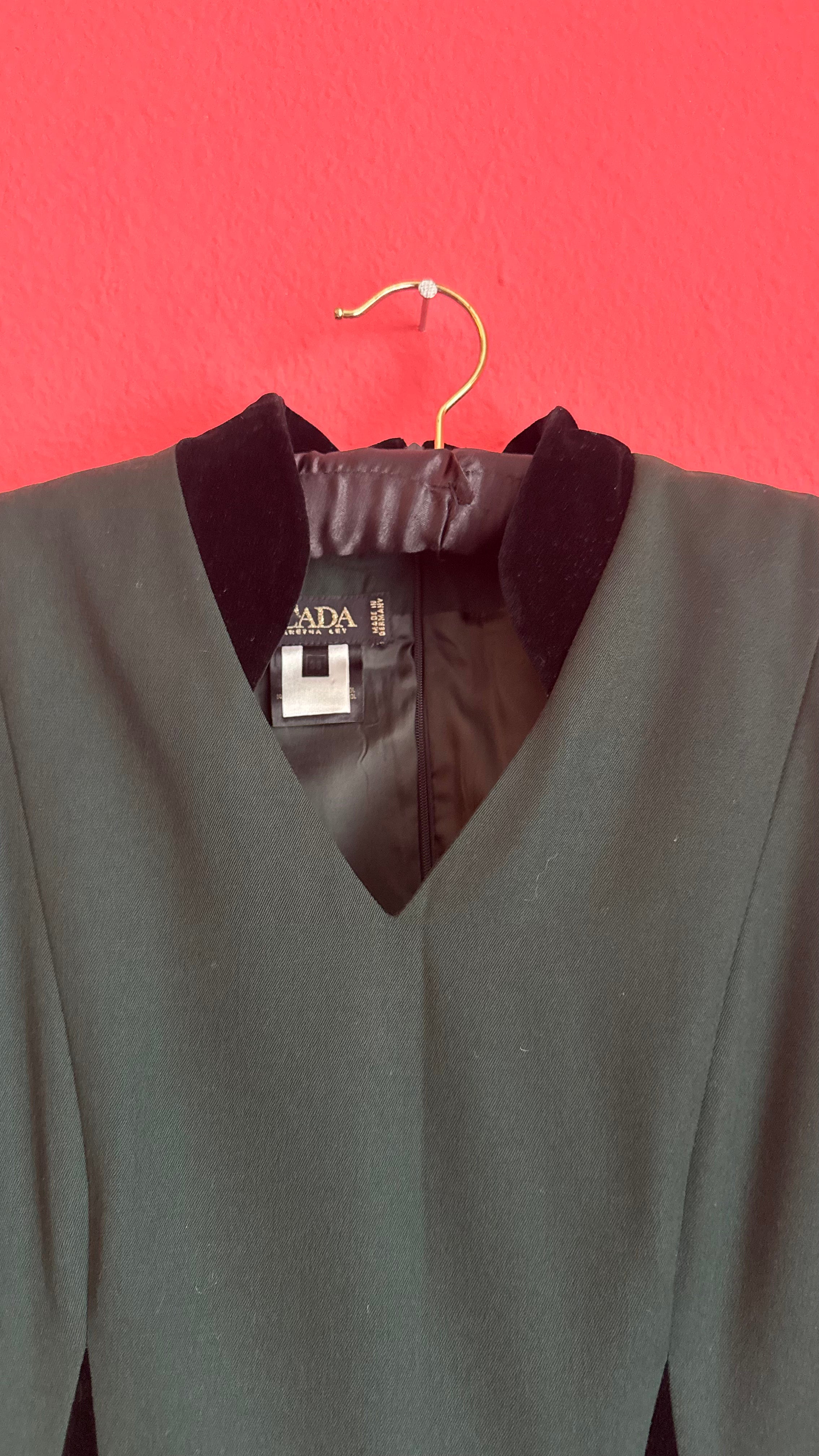 Vintage 1990s Escada Dark Green Virgin Wool Dress With Velvet Panels