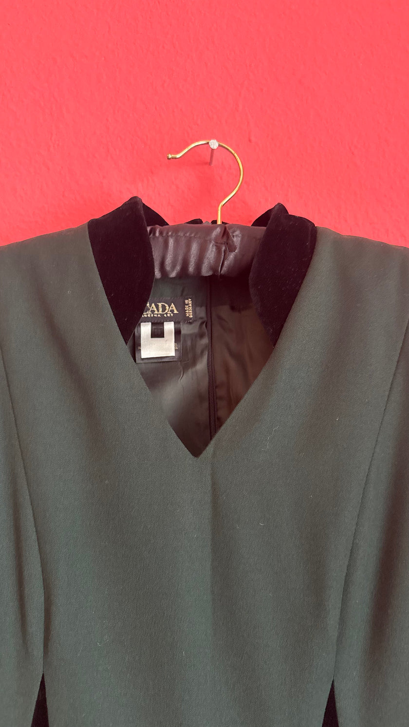 Vintage 1990s Escada Dark Green Virgin Wool Dress With Velvet Panels