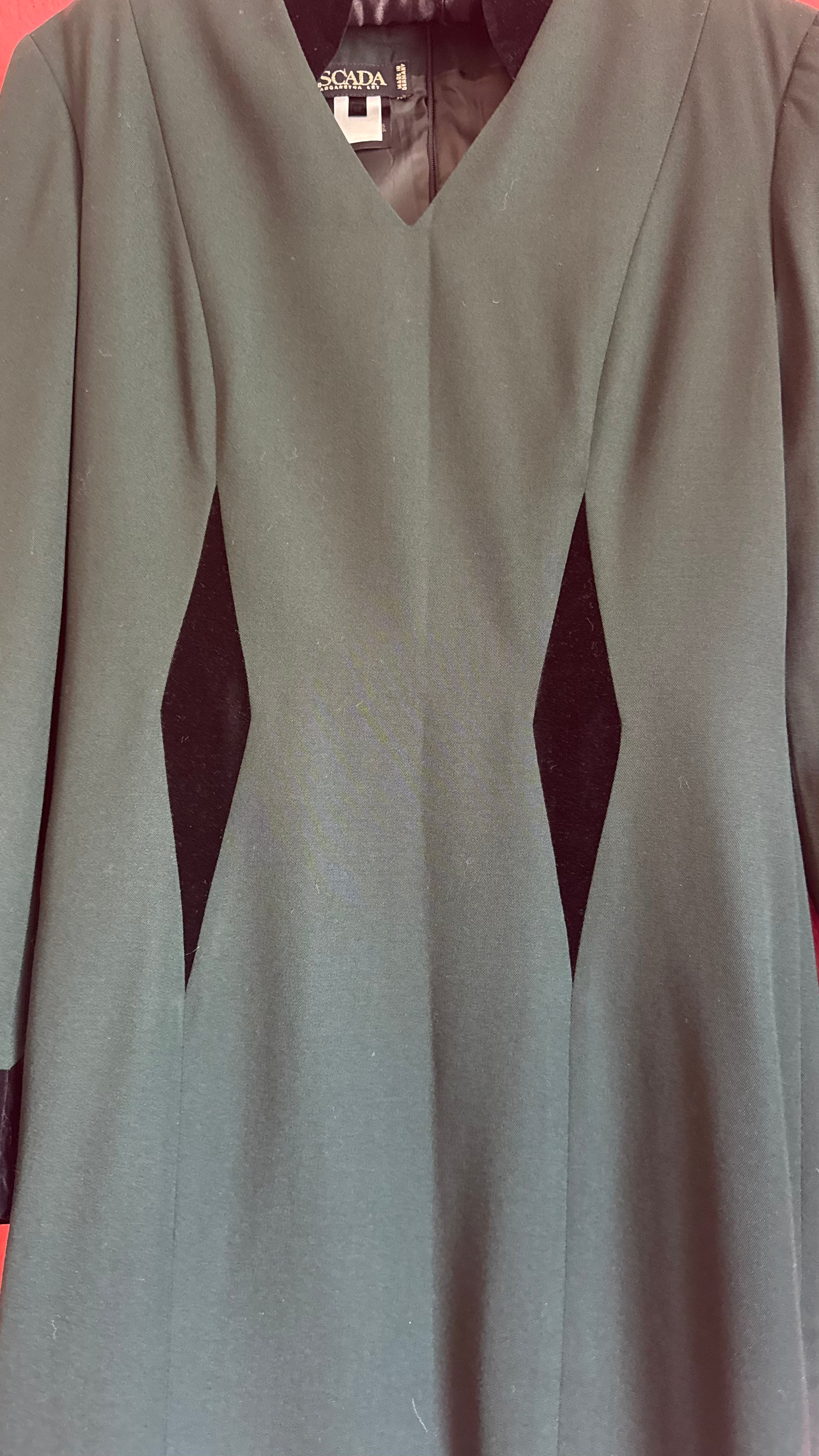 Vintage 1990s Escada Dark Green Virgin Wool Dress With Velvet Panels