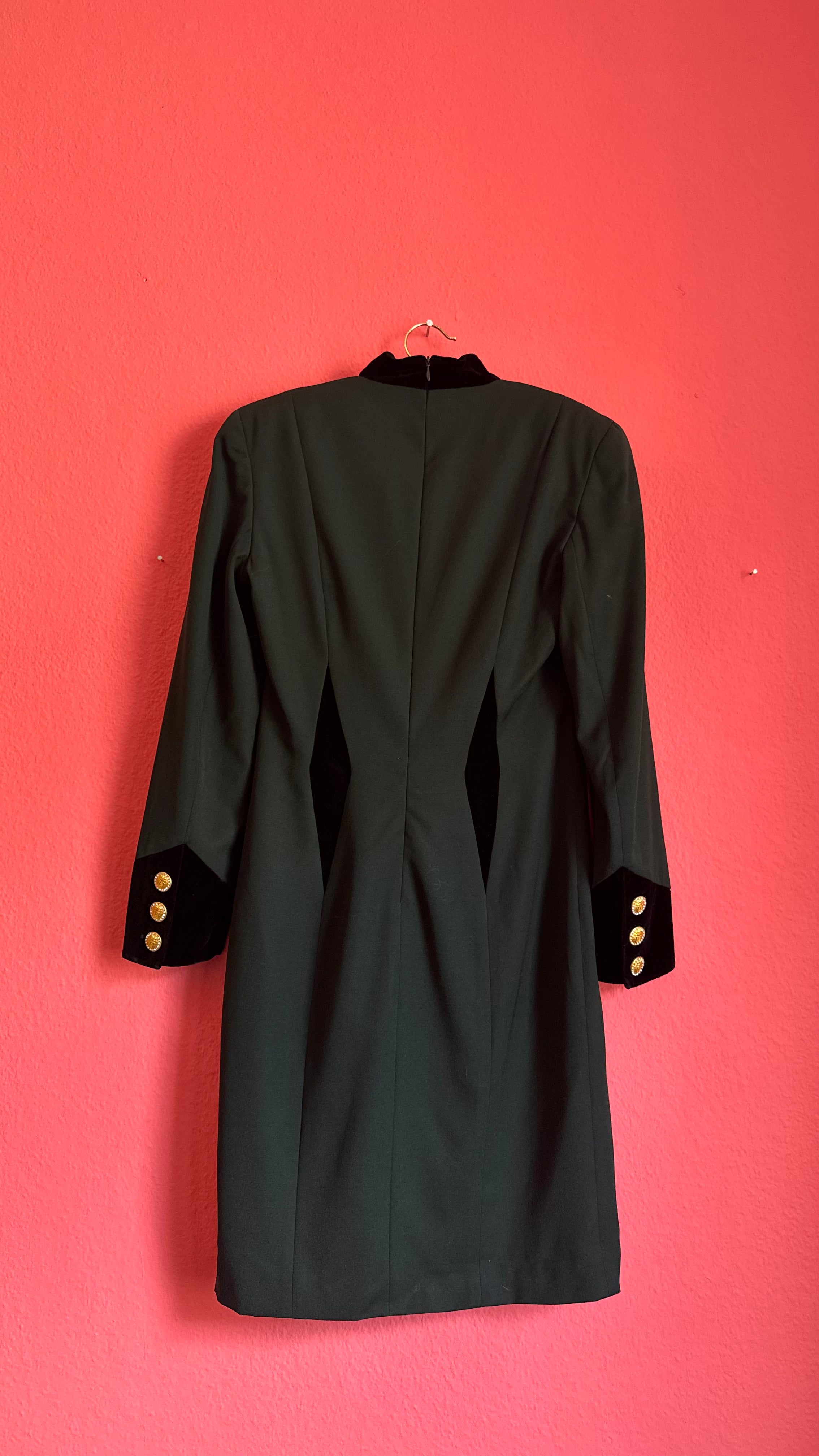 Vintage 1990s Escada Dark Green Virgin Wool Dress With Velvet Panels