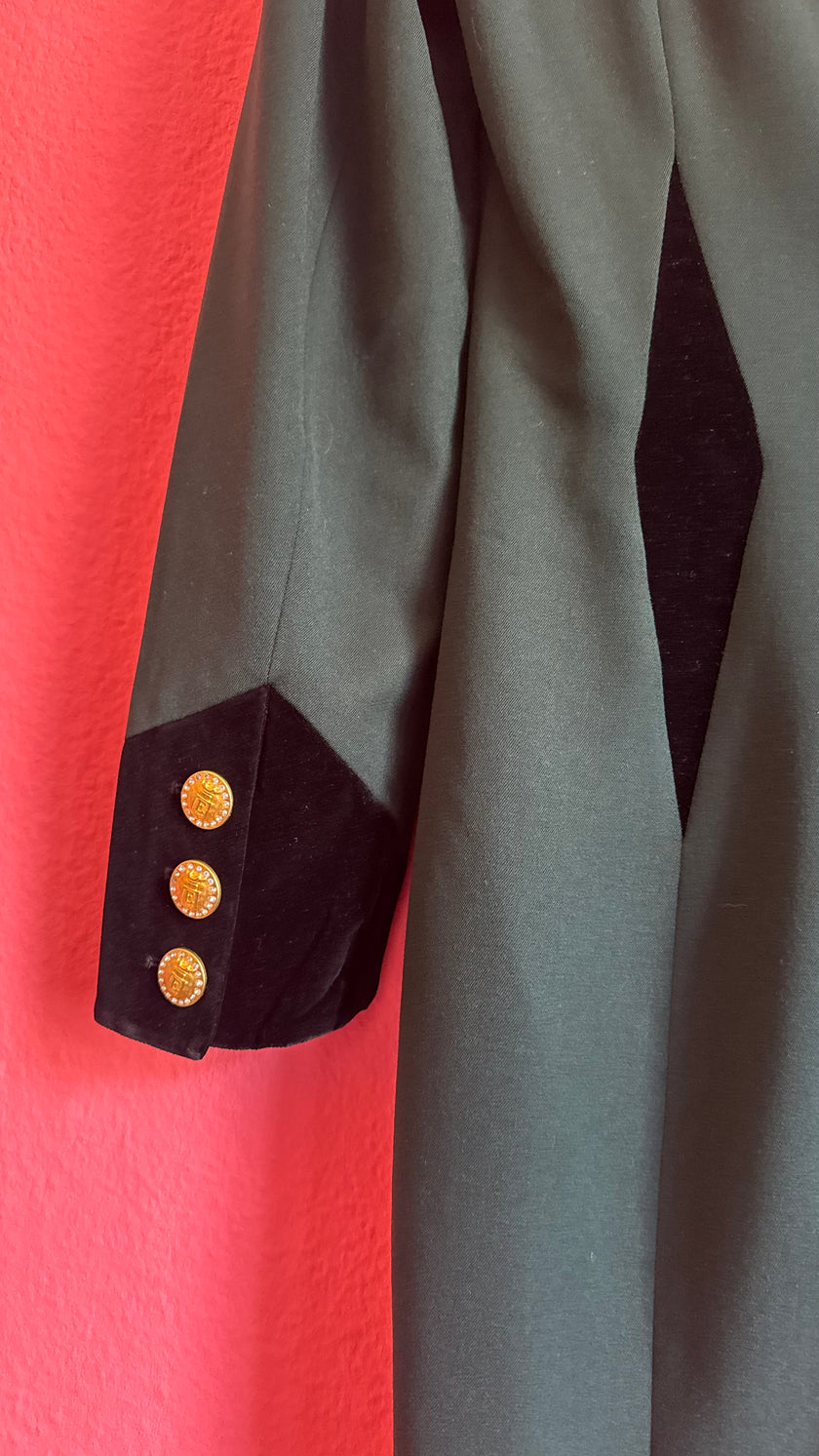Vintage 1990s Escada Dark Green Virgin Wool Dress With Velvet Panels