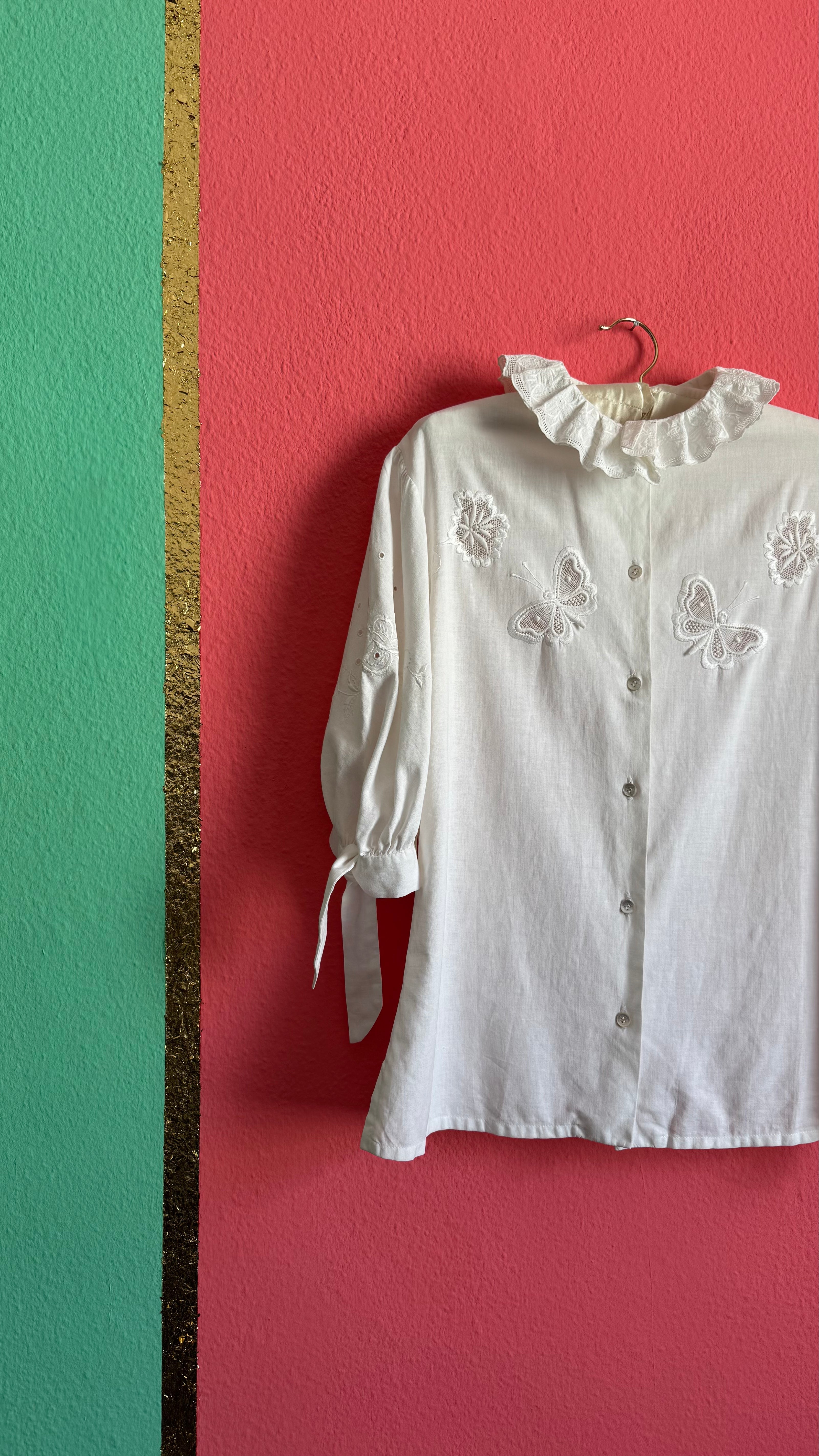 Vintage 1970s White Embroidered Blouse With Butterfly Appliqués