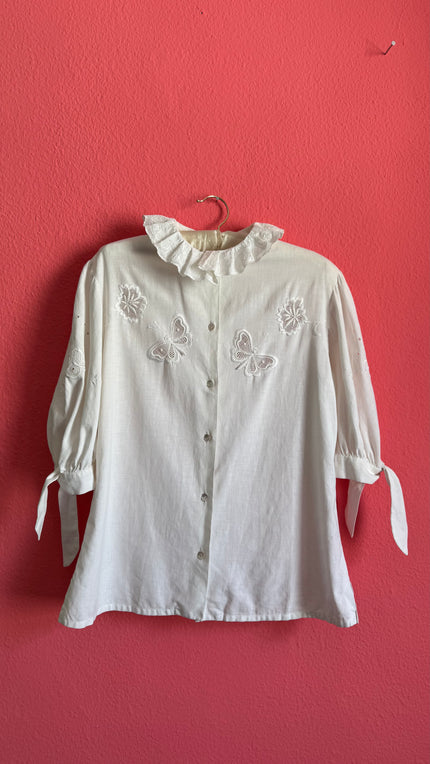 Vintage 1970s White Embroidered Blouse With Butterfly Appliqués