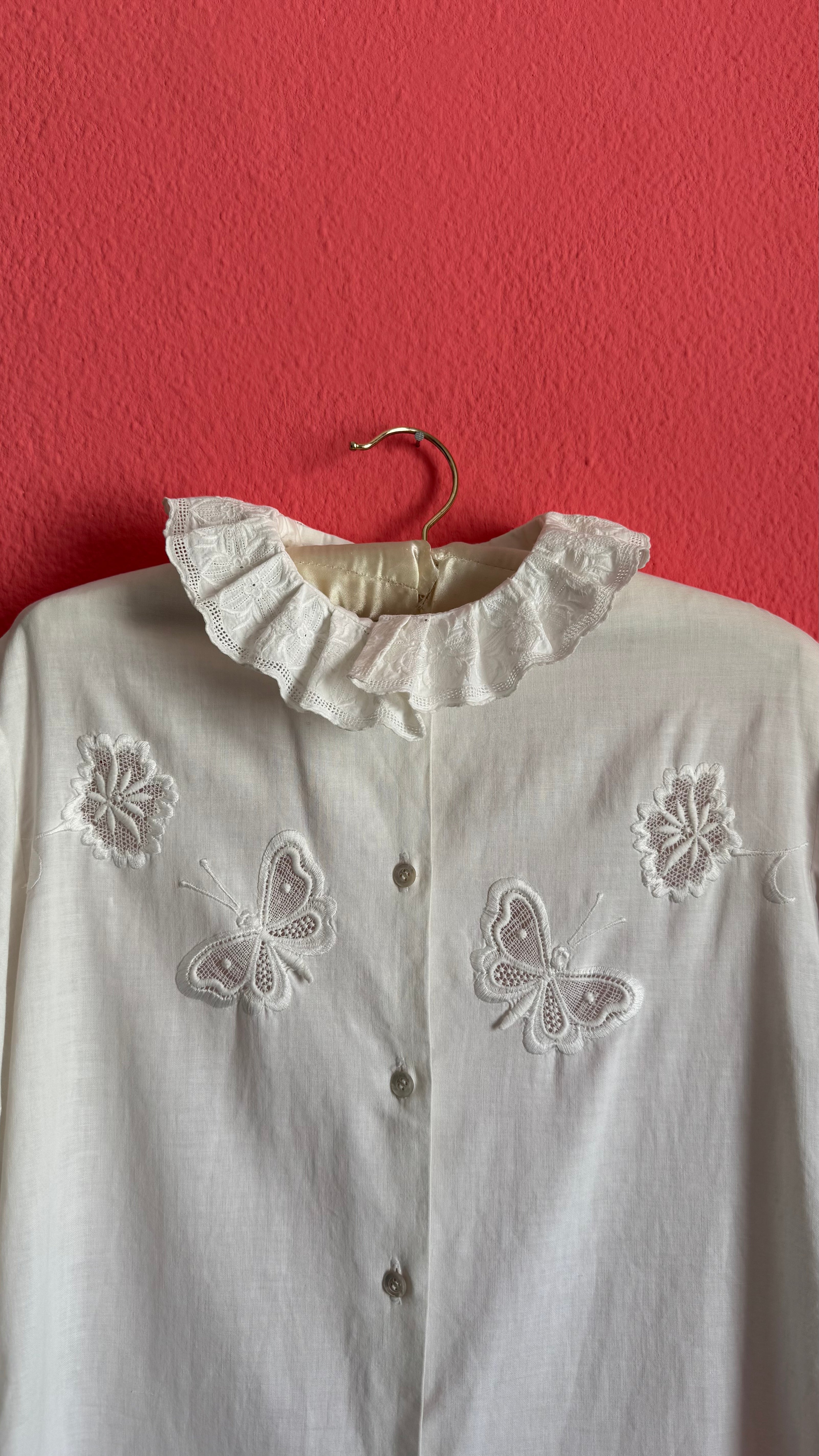 Vintage 1970s White Embroidered Blouse With Butterfly Appliqués