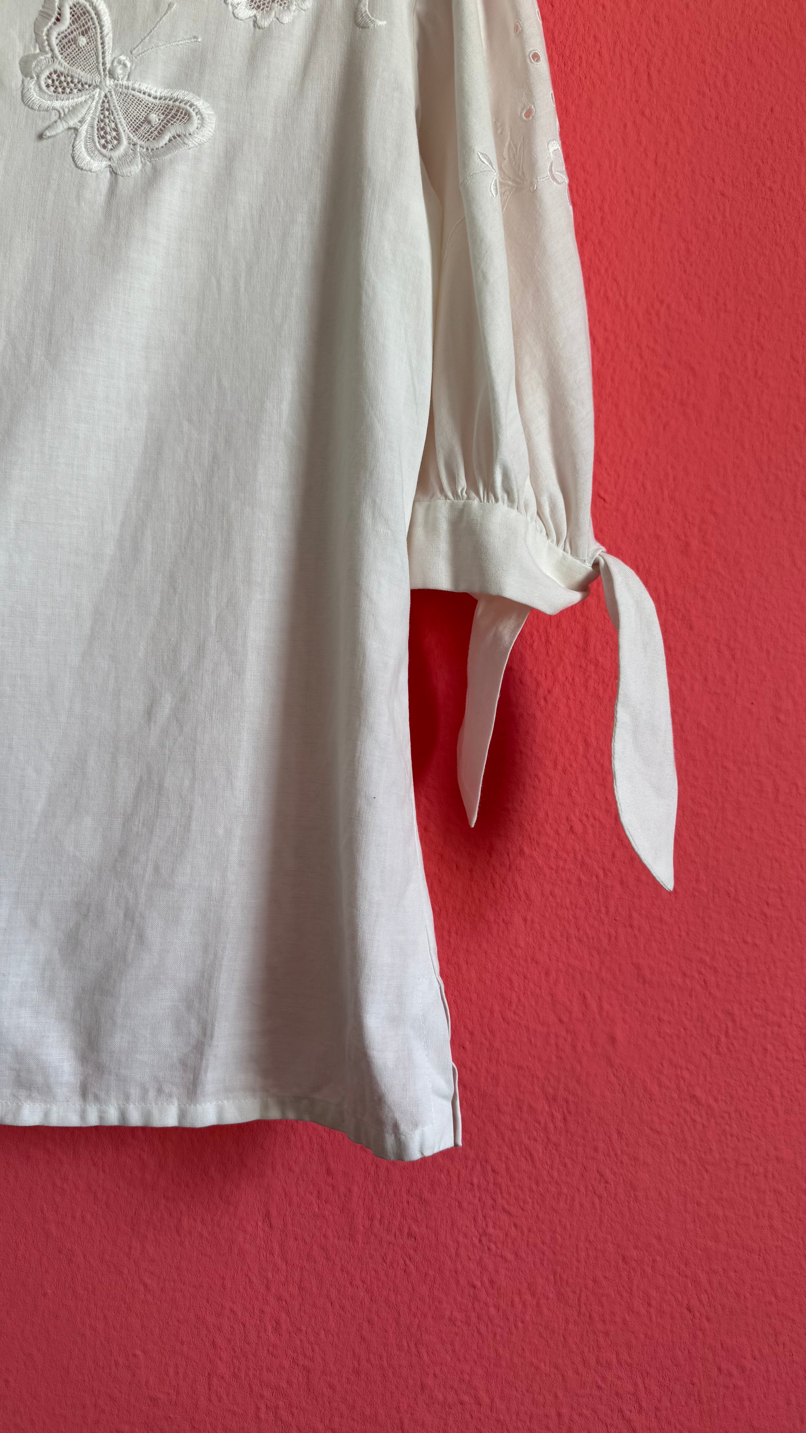 Vintage 1970s White Embroidered Blouse With Butterfly Appliqués