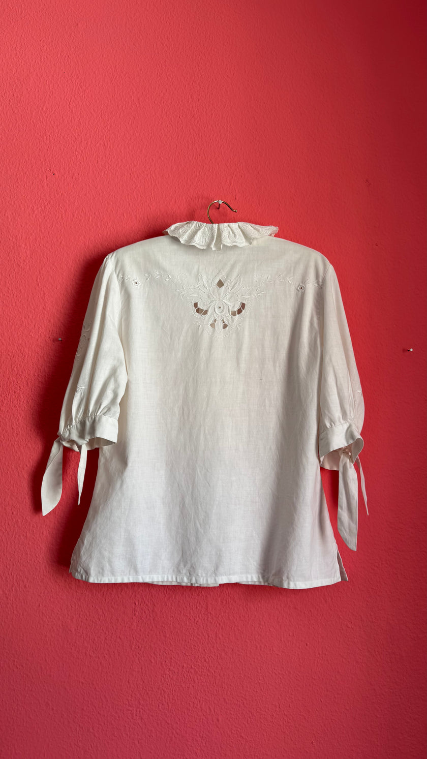 Vintage 1970s White Embroidered Blouse With Butterfly Appliqués